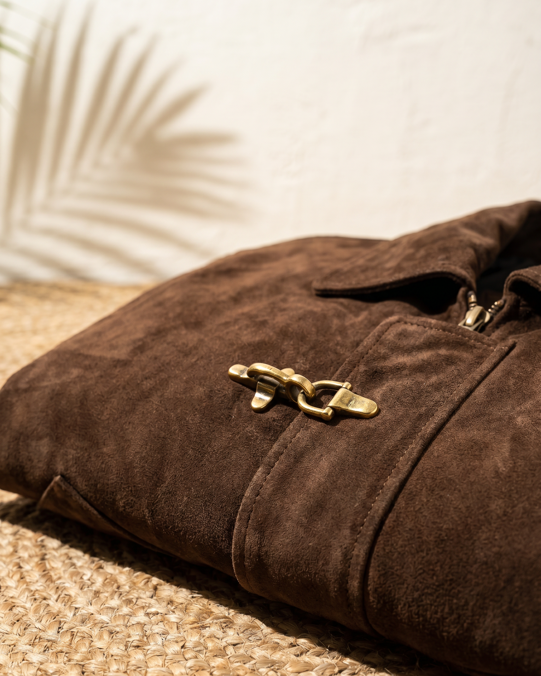 Snowpard Chocolate Brown Equestrian Suede Jacket — detail shot, ages with wear