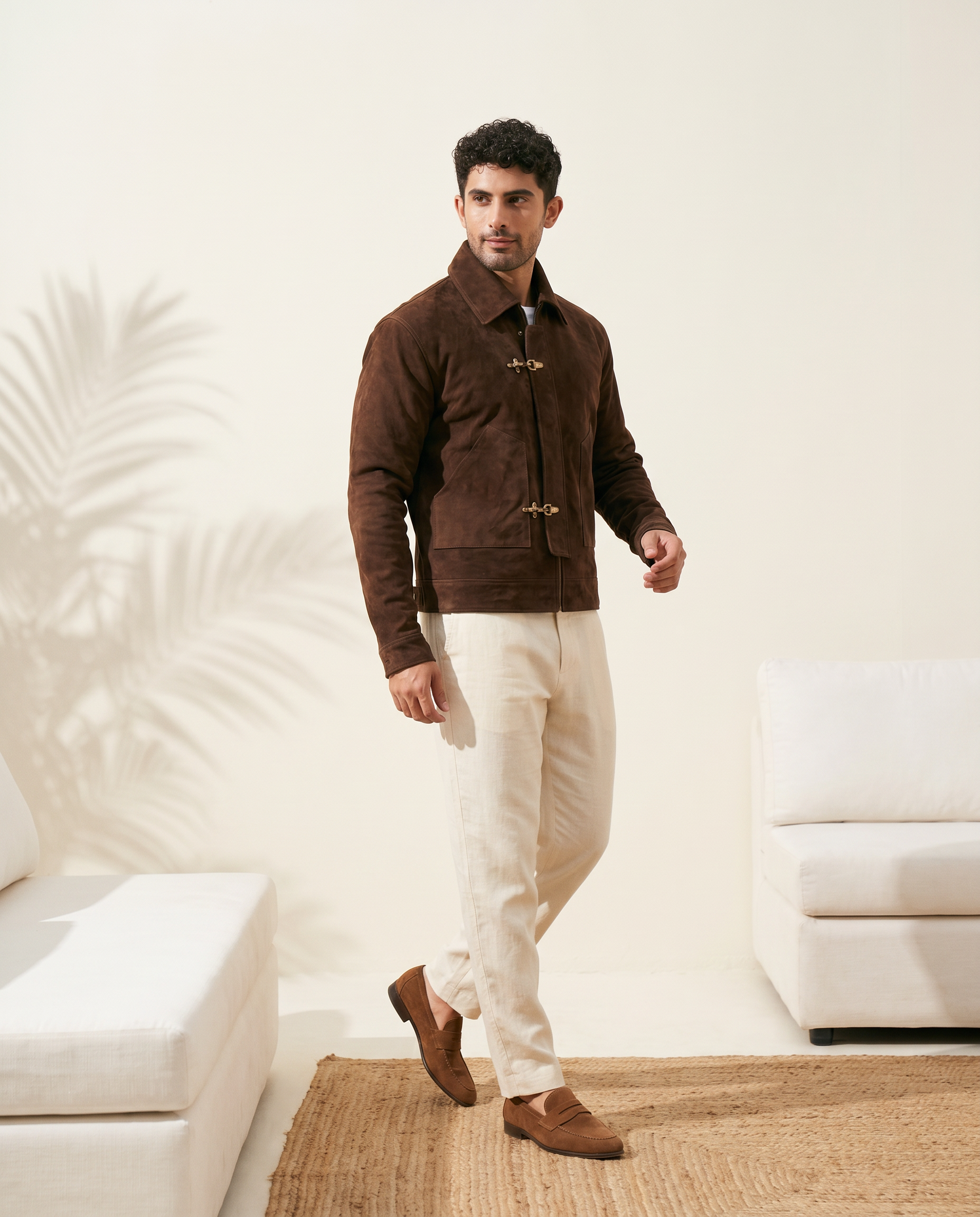 Snowpard Chocolate Brown Equestrian Suede Jacket — rear view, equestrian silhouette detail