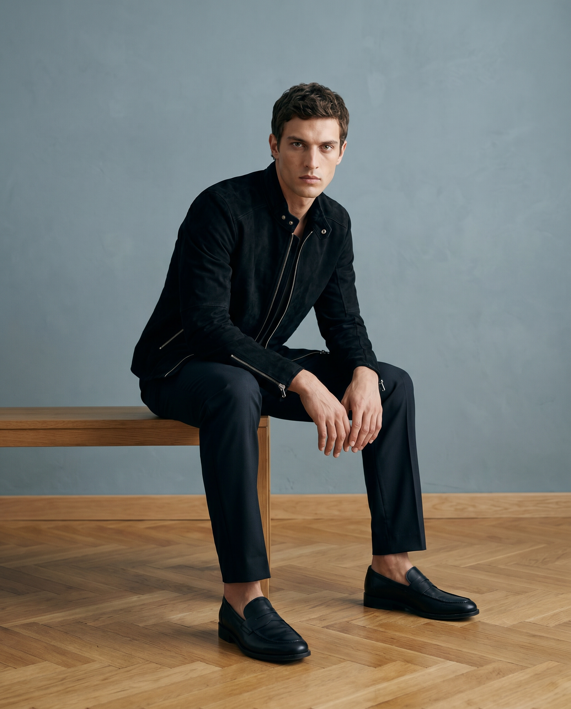 Snowpard Black Racer Suede Jacket — close-up suede texture, black colorway