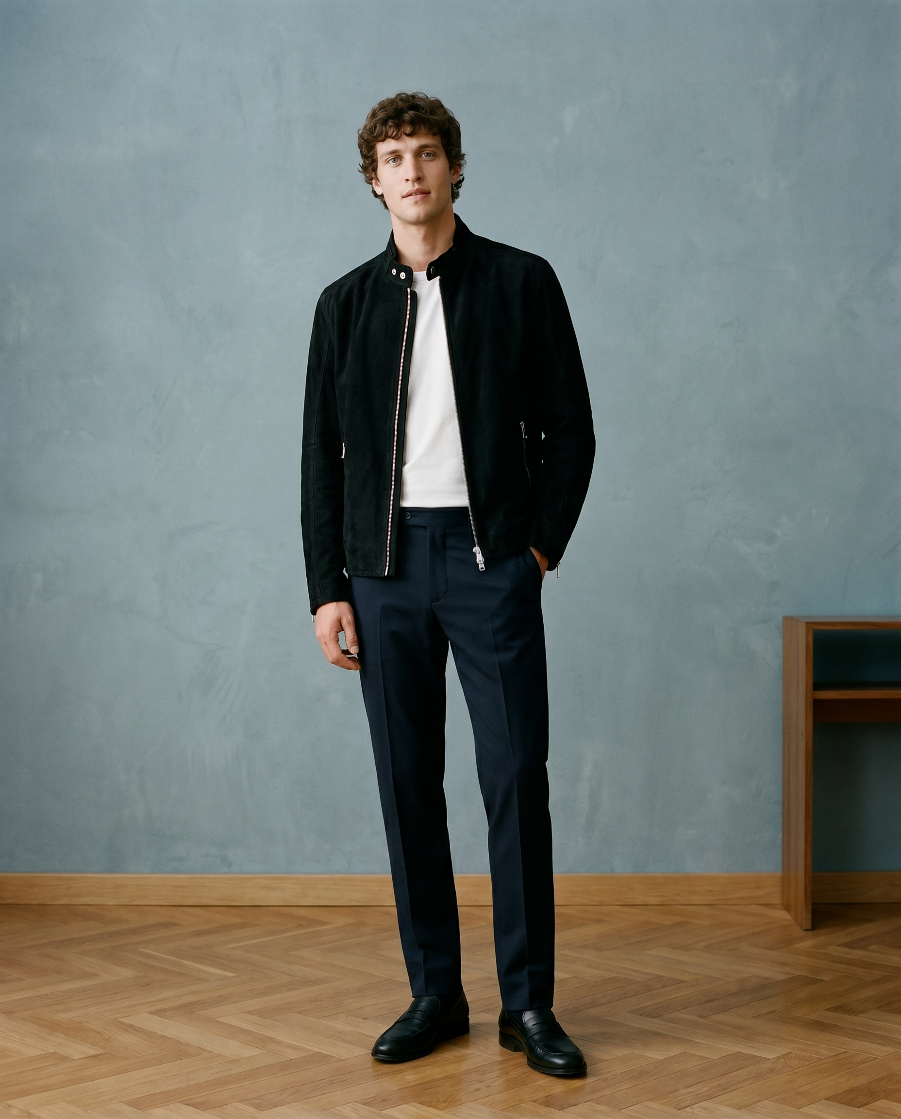 Snowpard Black Racer Suede Jacket — side profile, genuine black suede