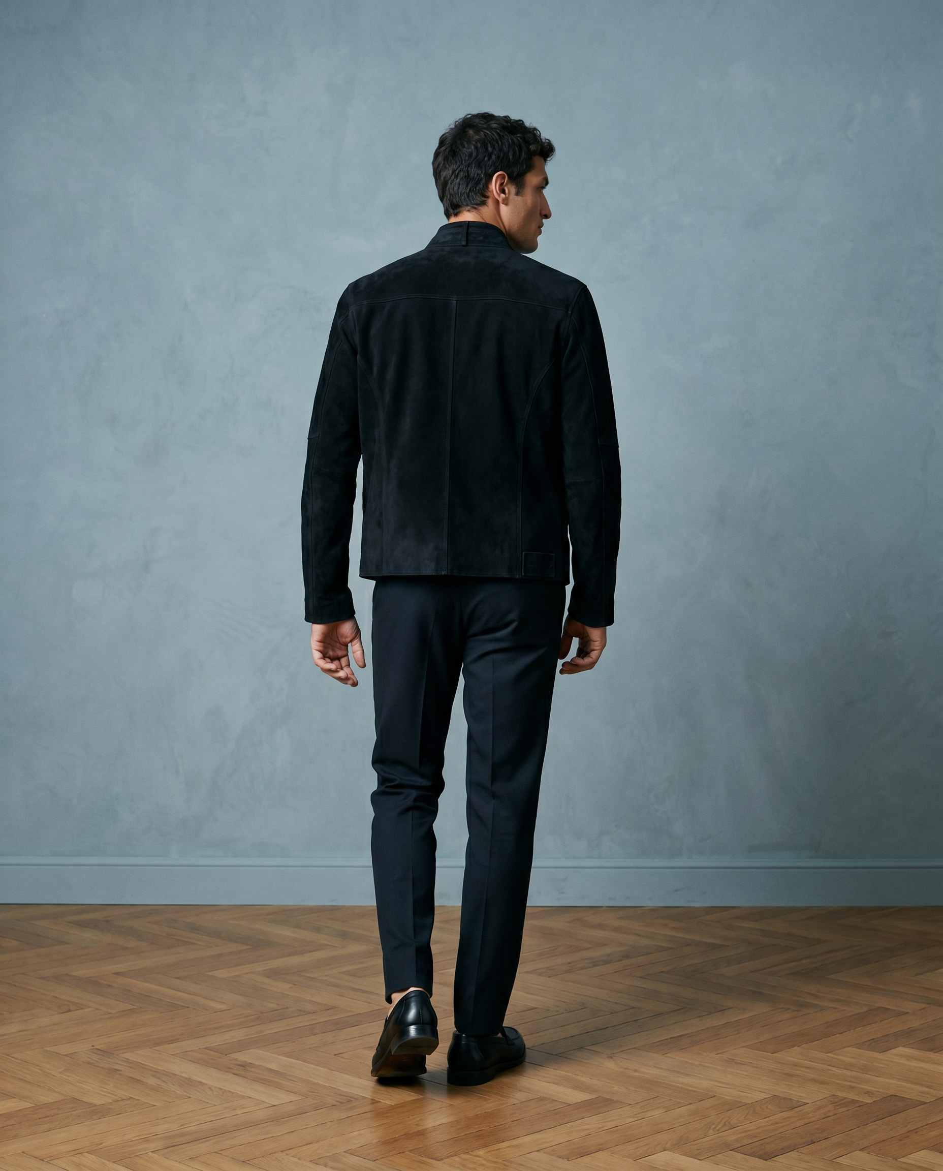 Snowpard Black Racer Suede Jacket — collar detail, zero hardware design