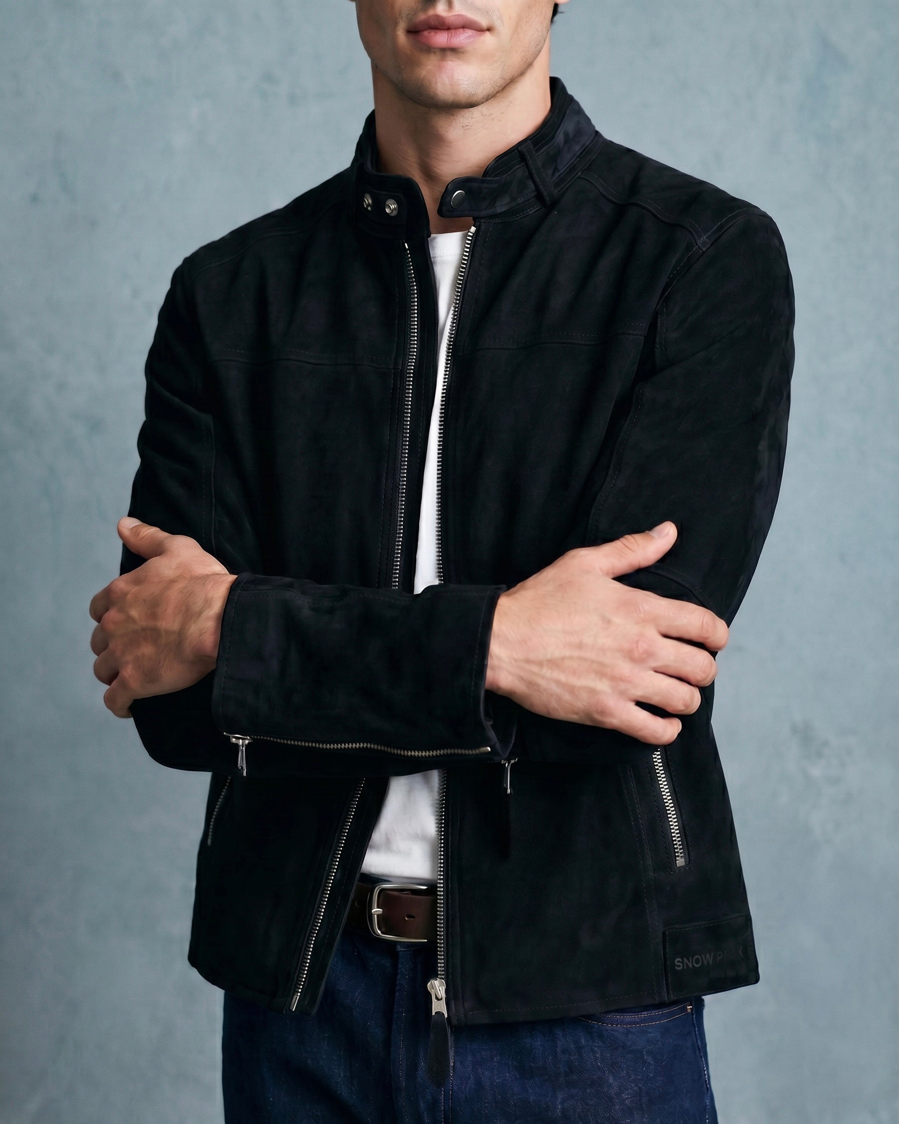 Snowpard Black Racer Suede Jacket — full length on model, Zanskar Suede Collection