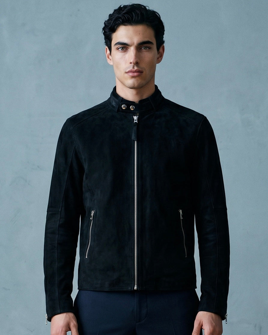 Snowpard Black Racer Suede Jacket — flat lay, genuine suede black jacket