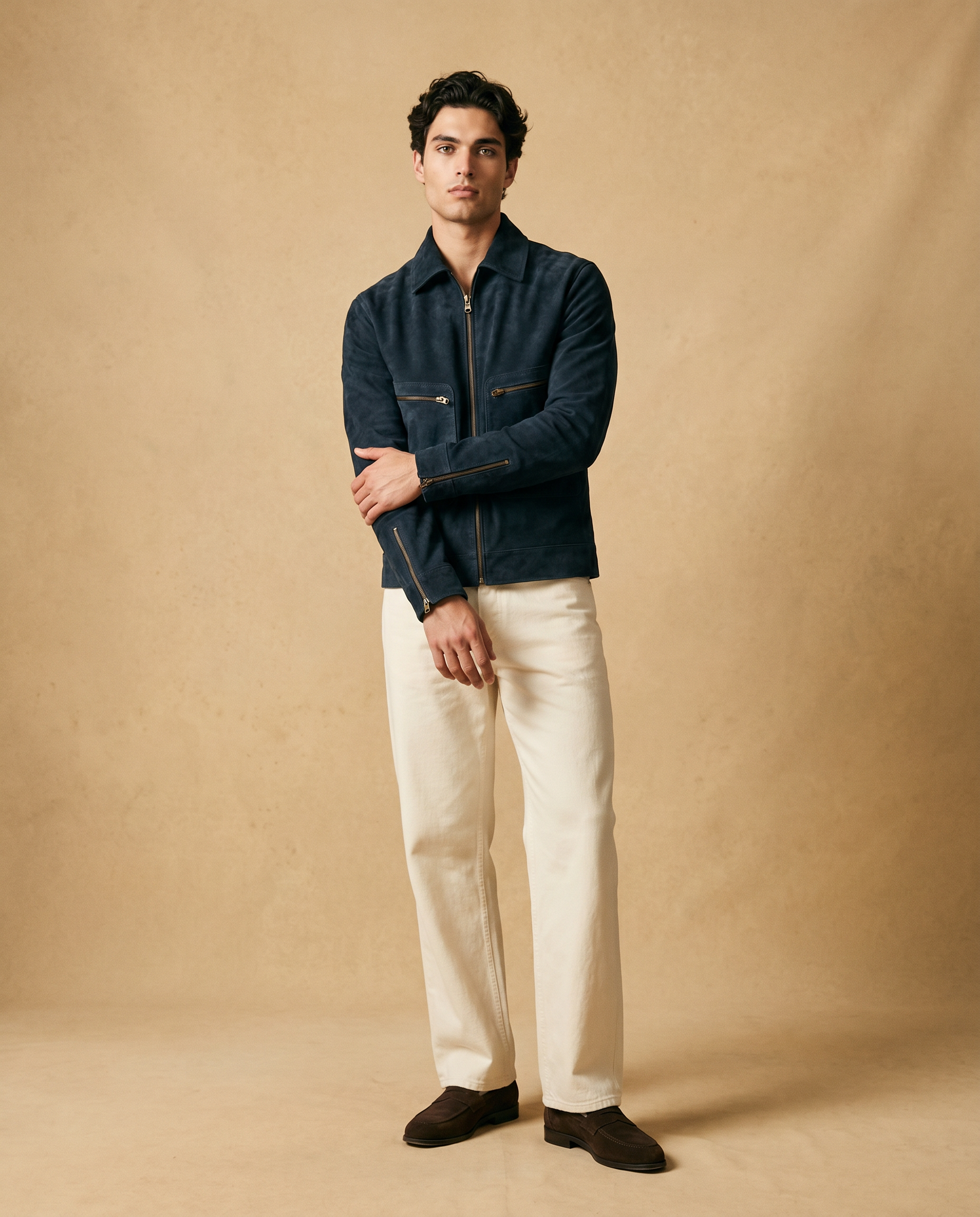 Snowpard Navy Blouson Suede Jacket — front view, structured shoulder, clean hem