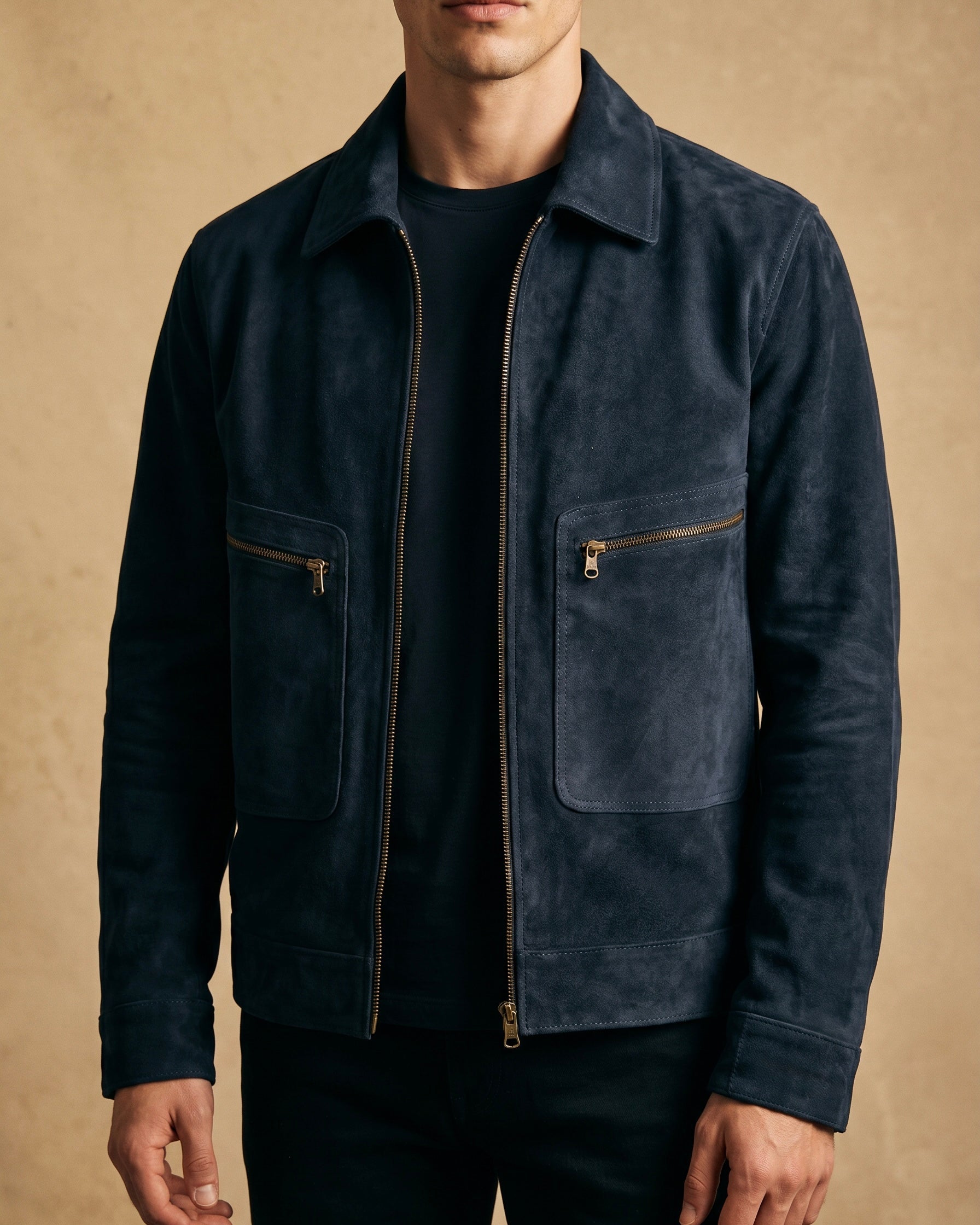 Snowpard Navy Blouson Suede Jacket — side profile, genuine suede construction