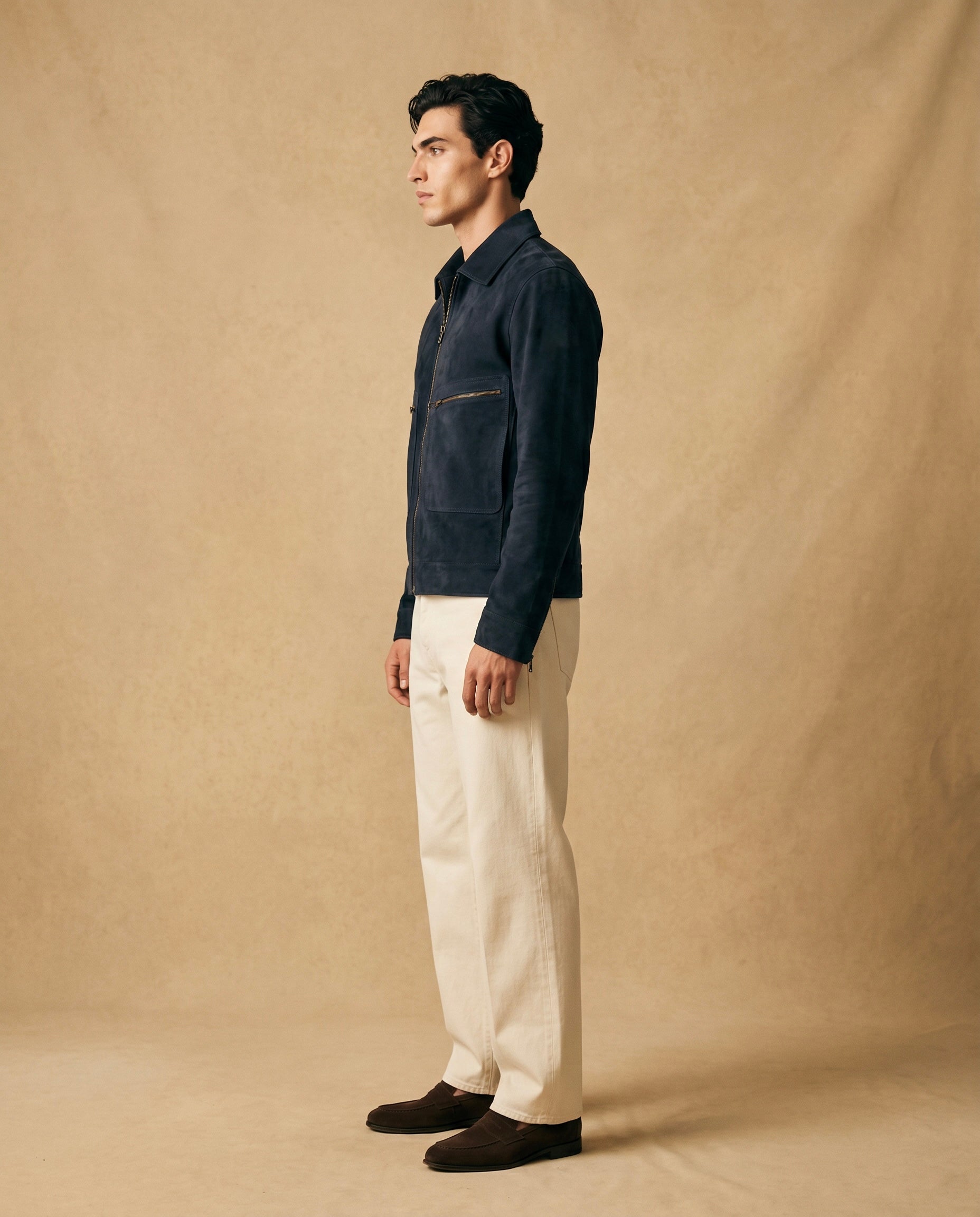 Snowpard Navy Blouson Suede Jacket — rear view, blouson silhouette detail