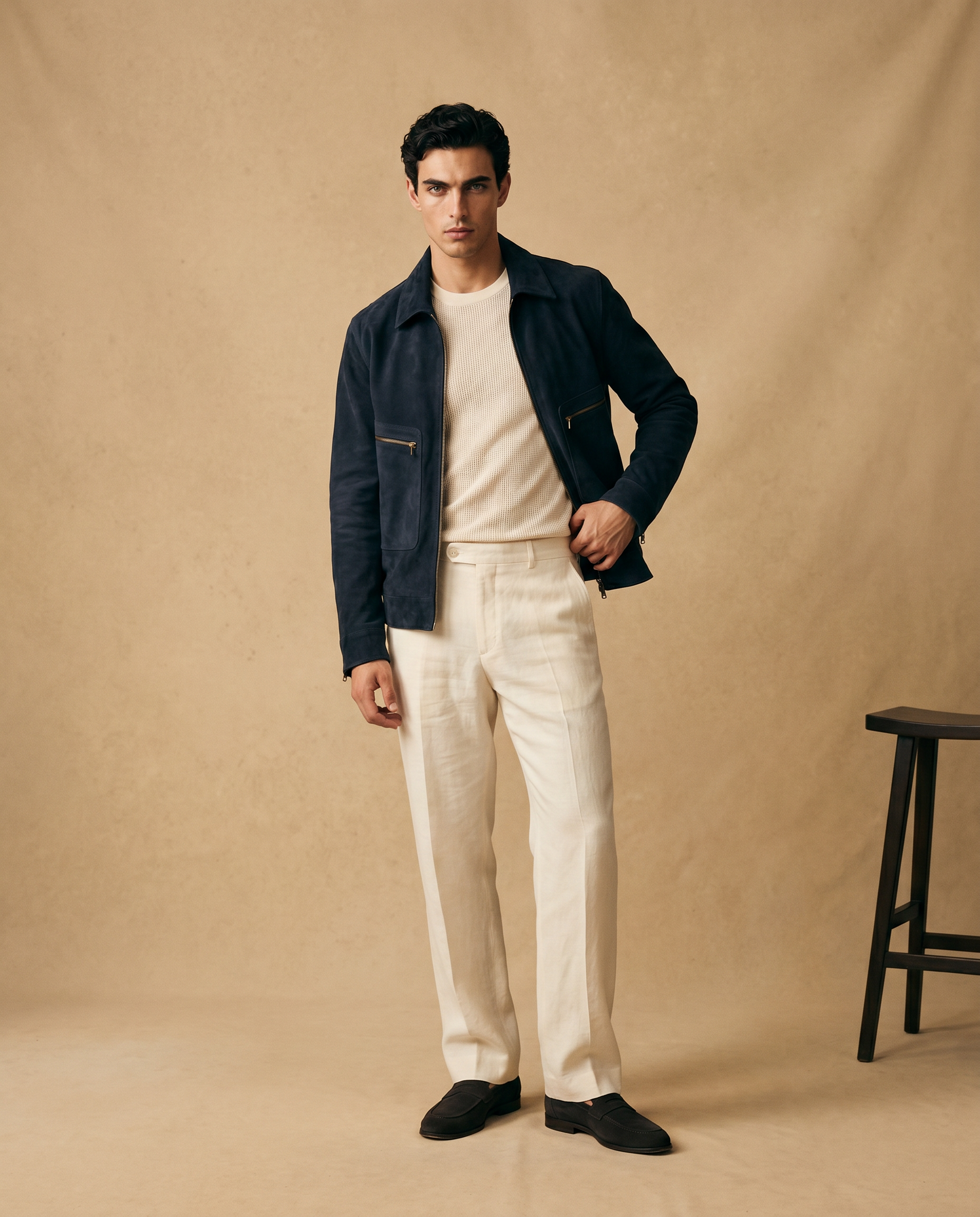 Snowpard Navy Blouson Suede Jacket — flat lay, genuine suede navy jacket