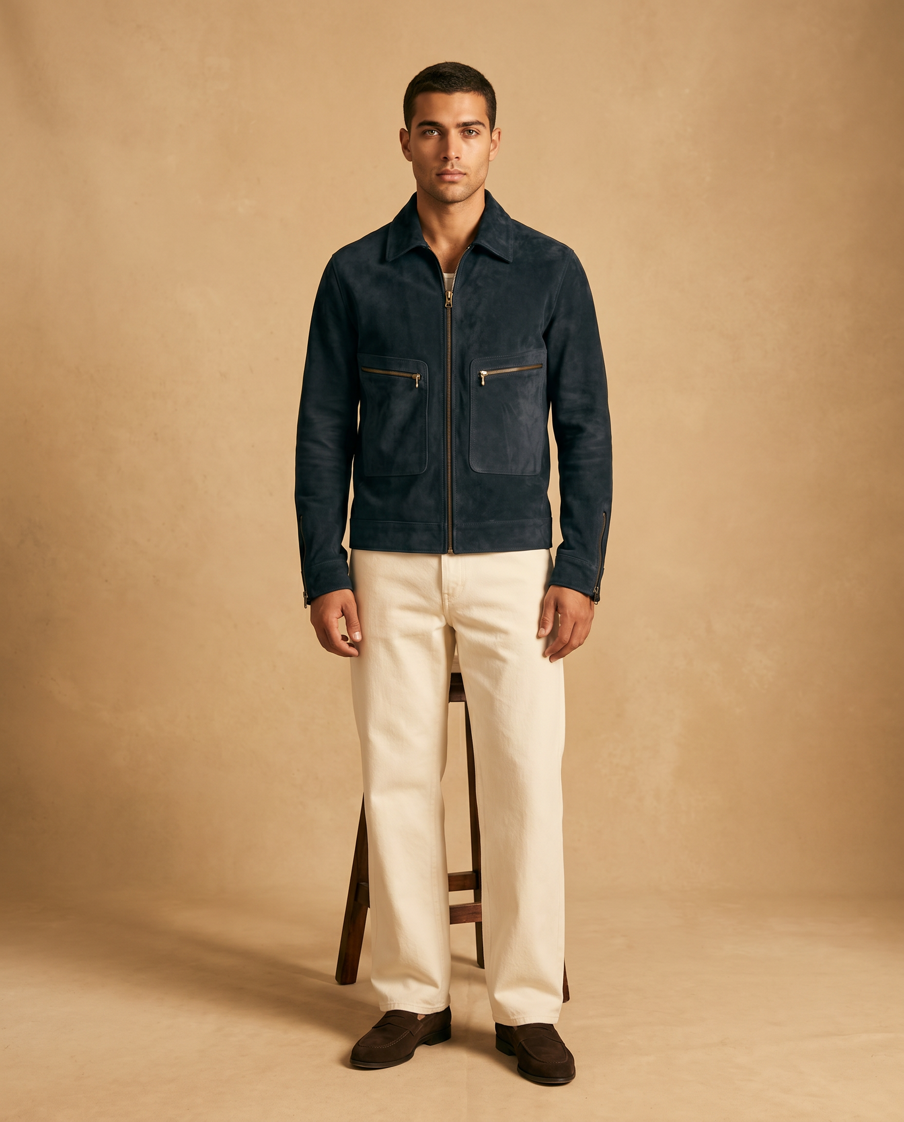 Snowpard Navy Blouson Suede Jacket — full length on model, Zanskar Suede Collection