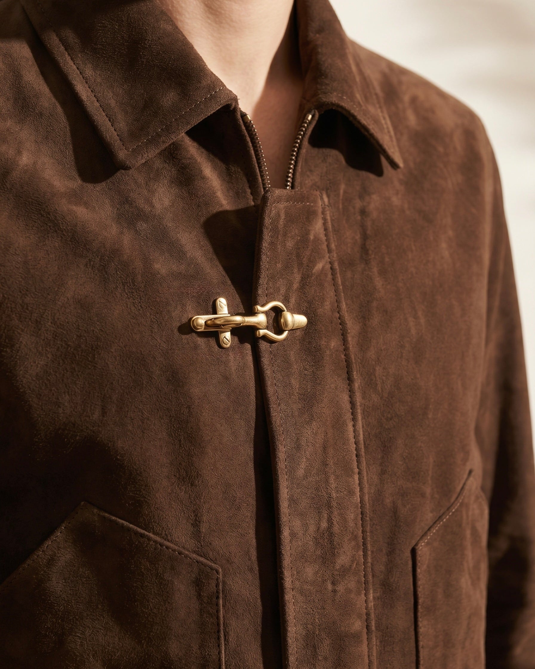 Snowpard Chocolate Brown Equestrian Suede Jacket — styled on model, limited run outerwear