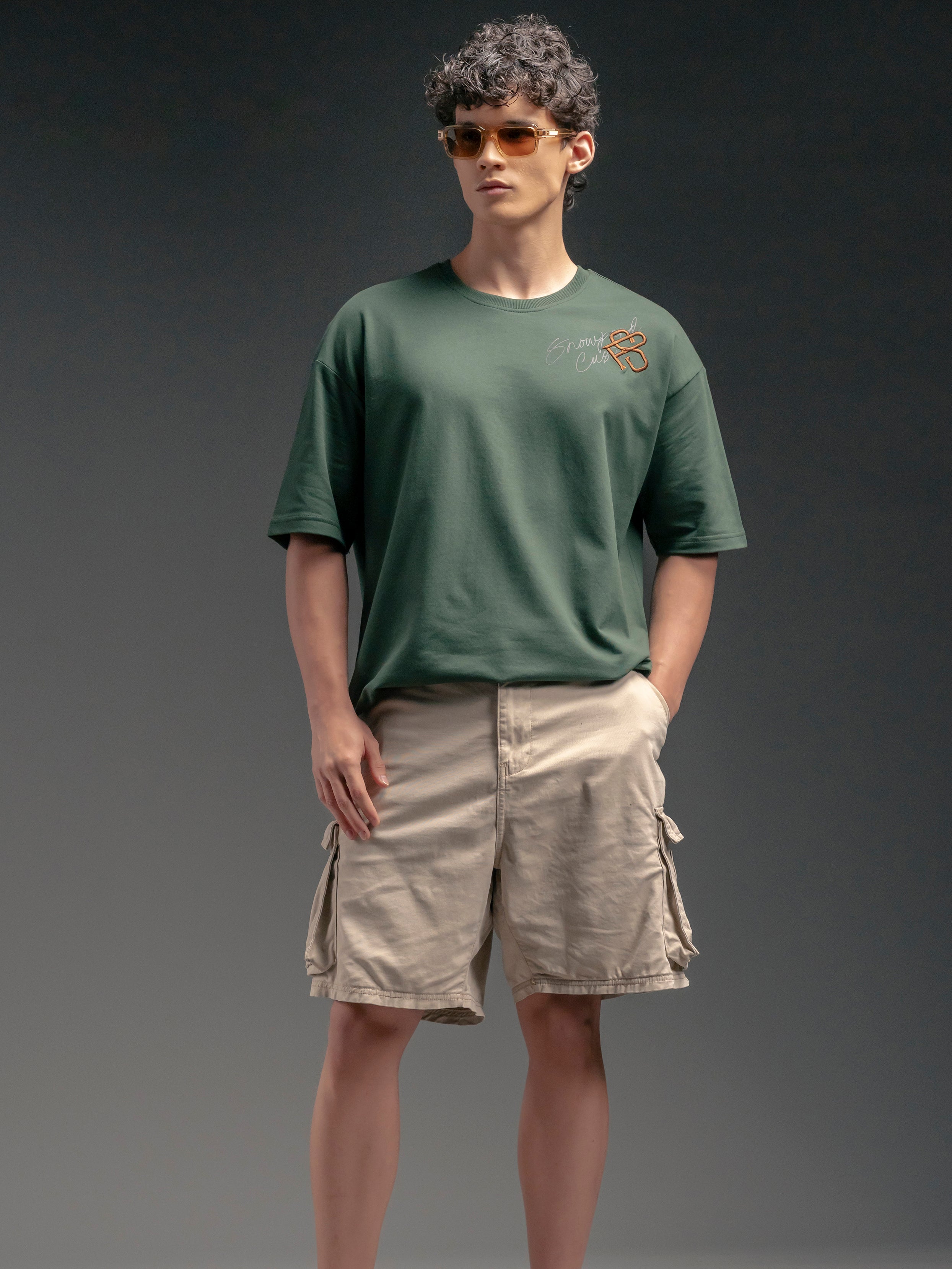 SNOWPARD Custos Supima T-Shirt Forest Green - Front View | Snowpard Club Embroidery Oversized Tee India