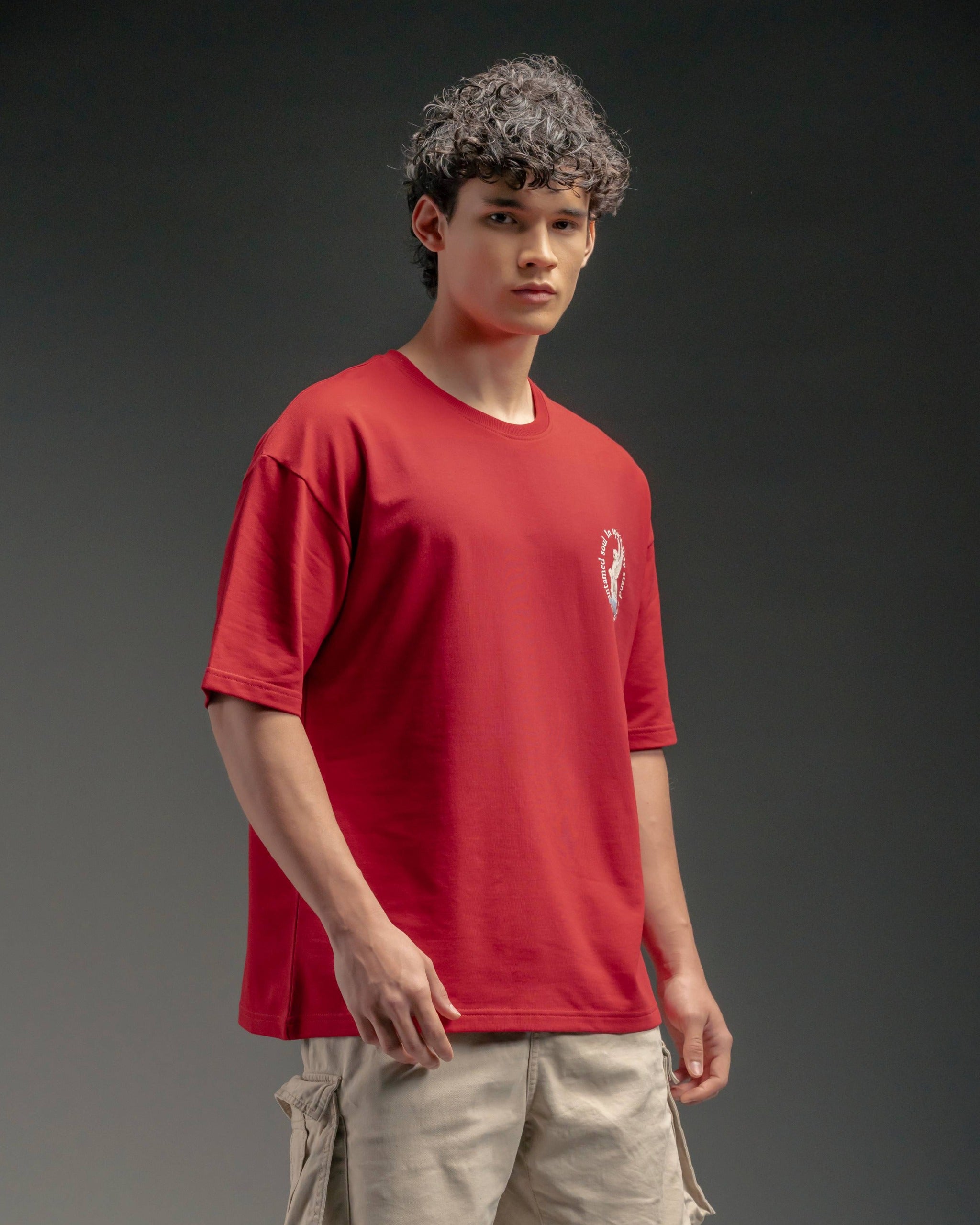Snowpard Arcanas Puff Print Tee Red — back view, classical sculpture puff print artwork