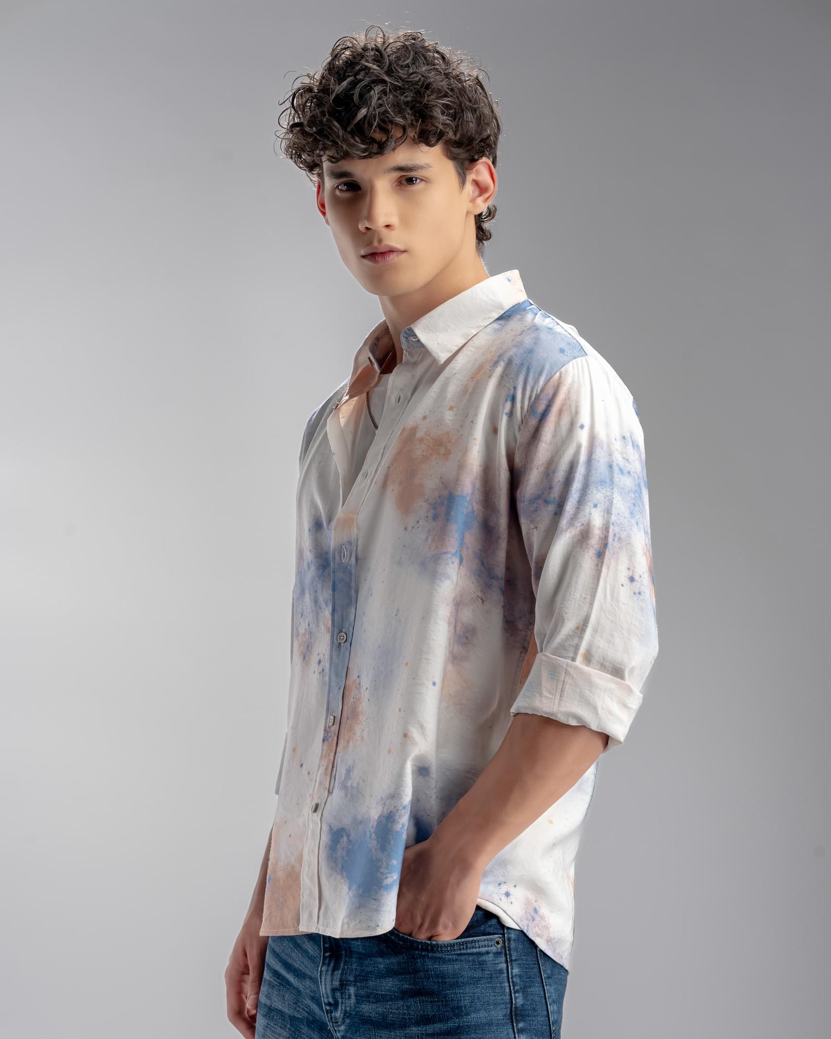 Snowpard Alta Abstract Rayon Shirt — three quarter view, statement printed shirt