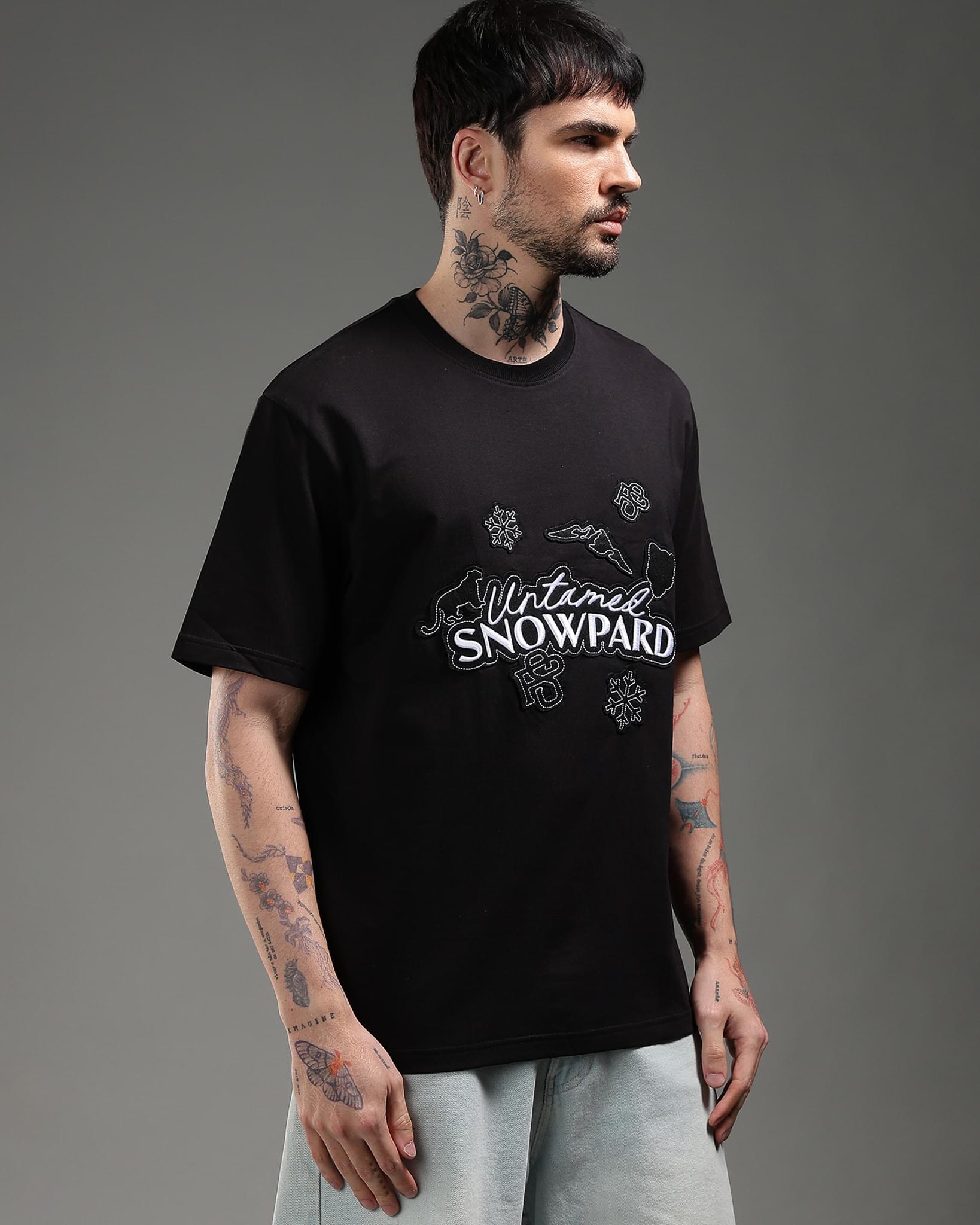 Snowpard Black Icon Embroidered Tee Black — front view, men's embroidered t-shirt India