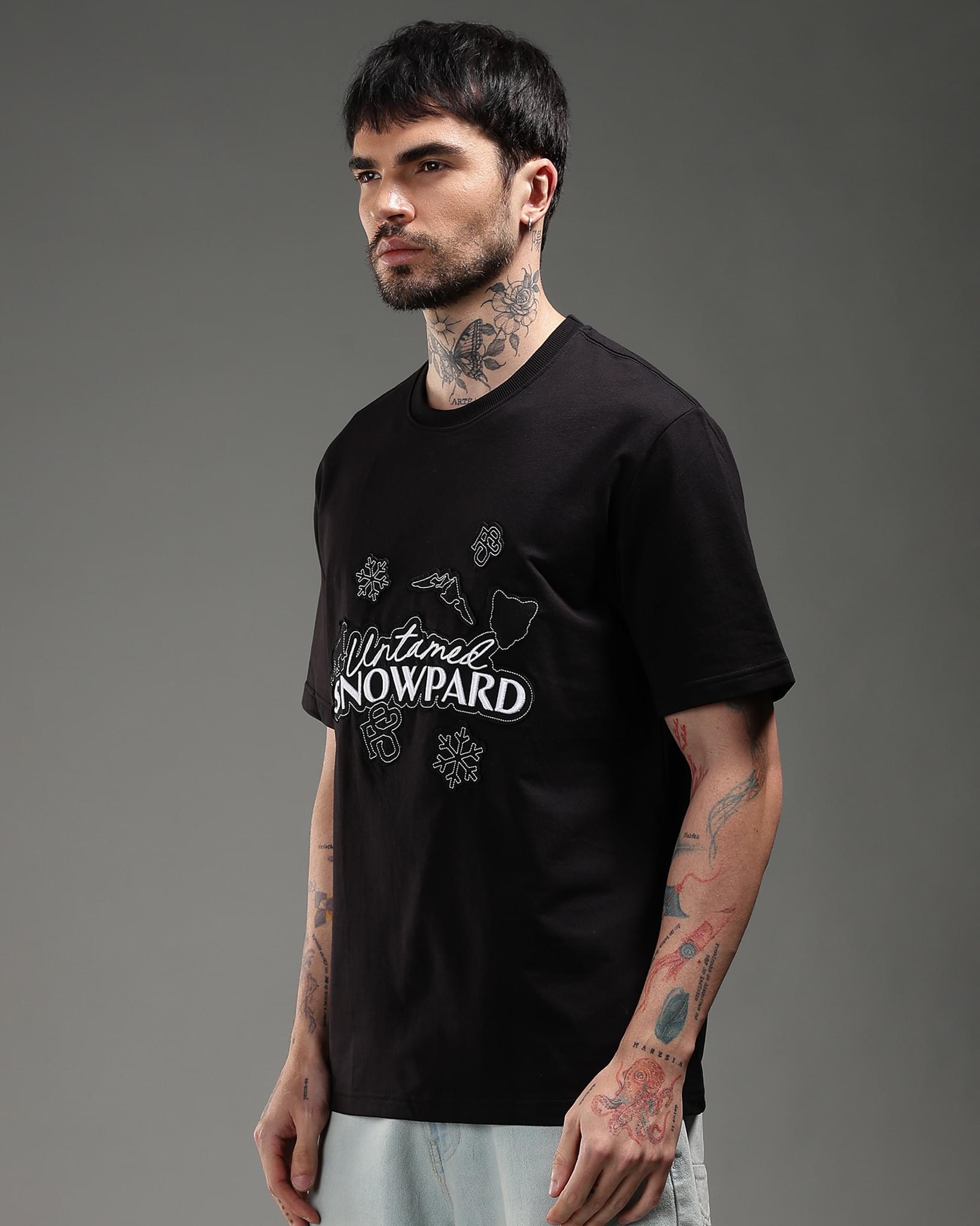 Snowpard Black Icon Embroidered Tee Black — back view, untamed leopard embroidered chest