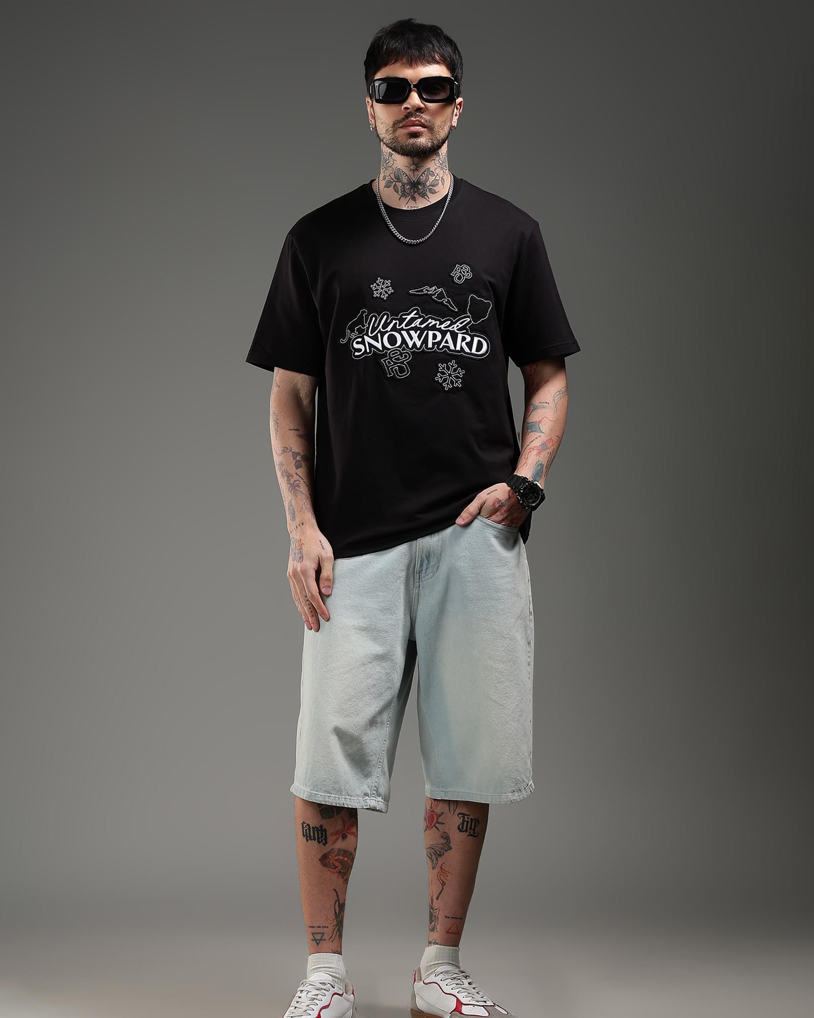 Snowpard Black Icon Embroidered Tee Black — full length, luxury embroidered tee Bangalore