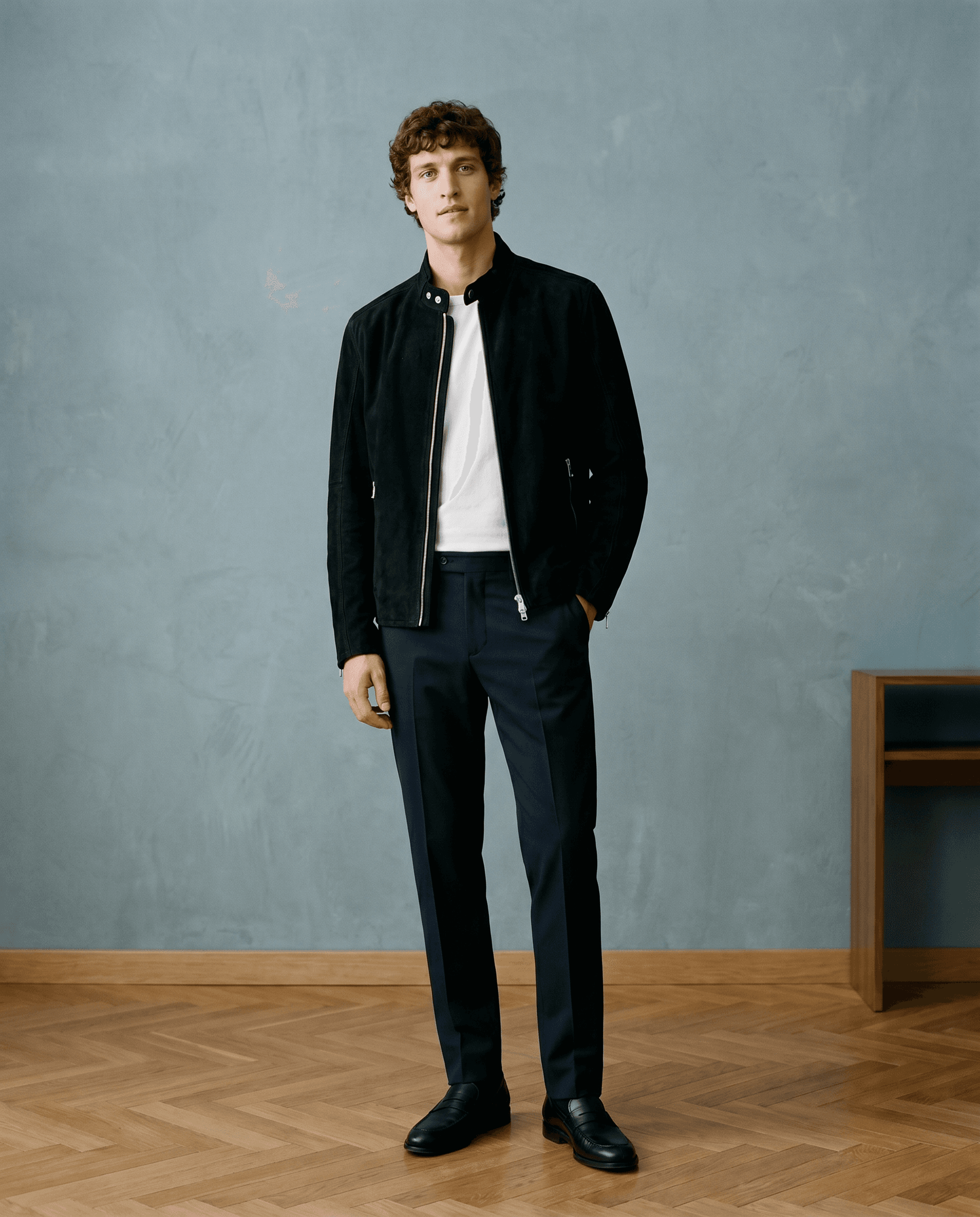 Snowpard Black Racer Suede Jacket — side profile, genuine black suede