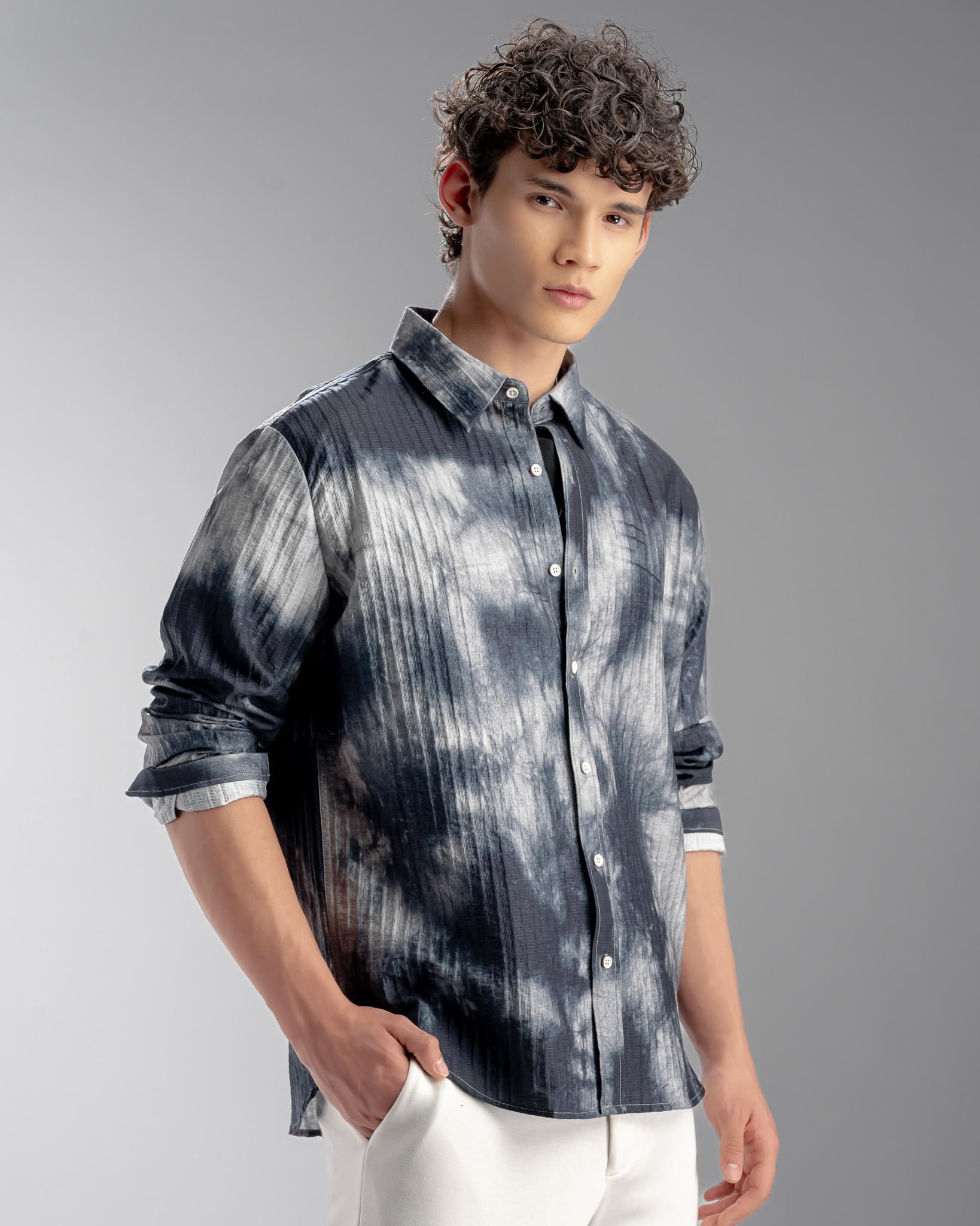 Snowpard Capri Crinkle Shirt Navy — three quarter view, structured nylon shirt