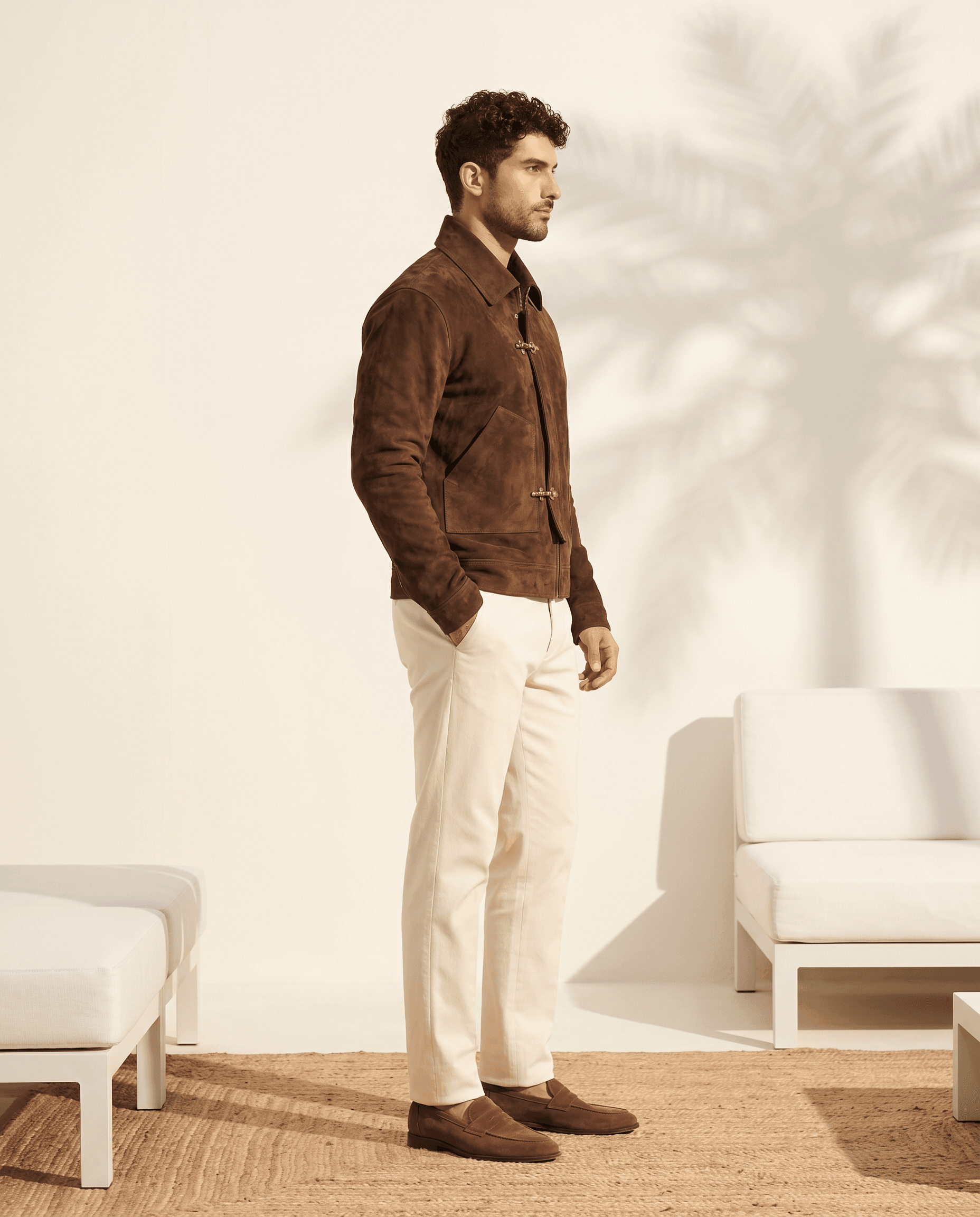 Snowpard Chocolate Brown Equestrian Suede Jacket — full length on model, Zanskar Collection