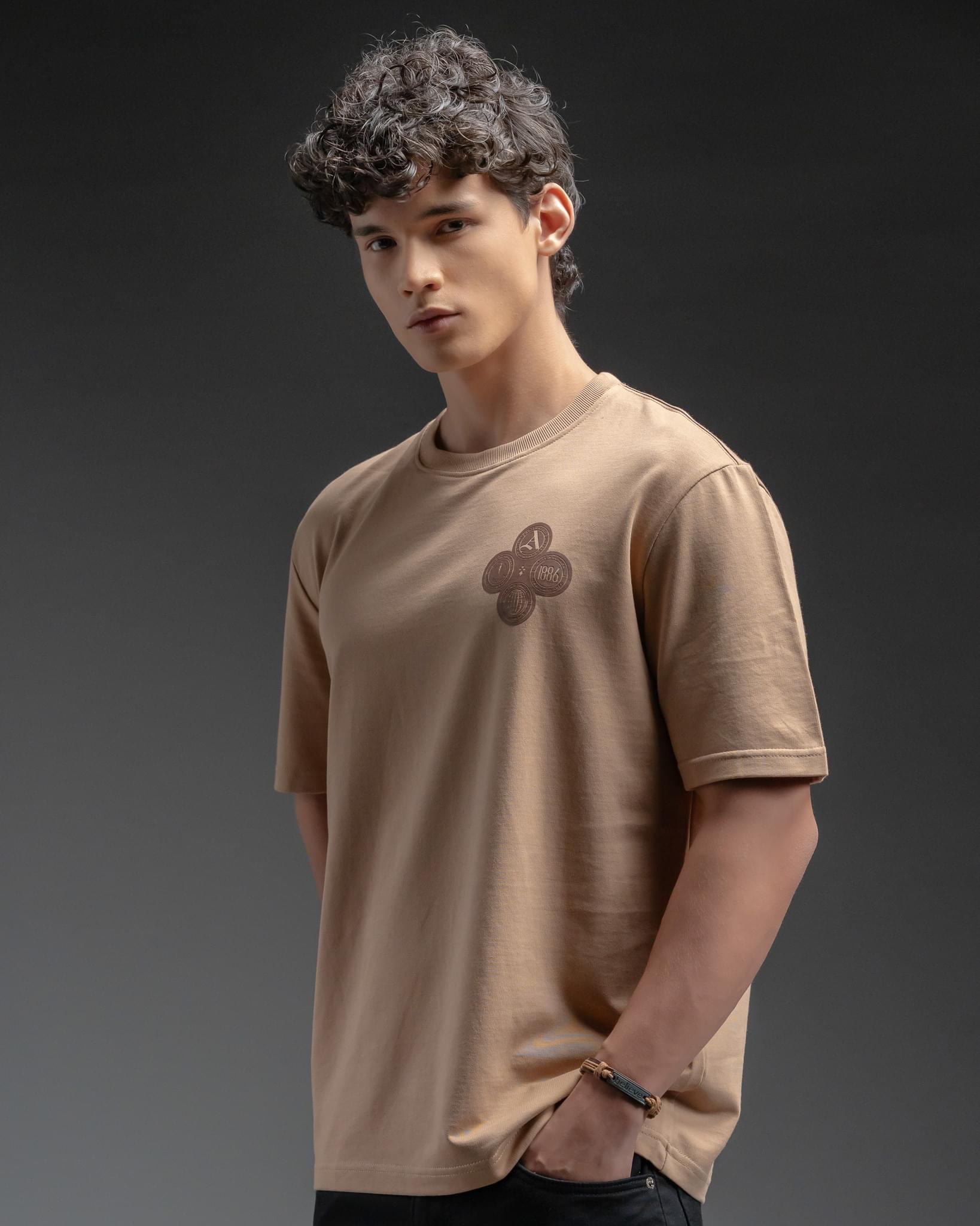 Snowpard Club Crest Relaxed Tee Desert Tan — full length, luxury graphic tee Bangalore