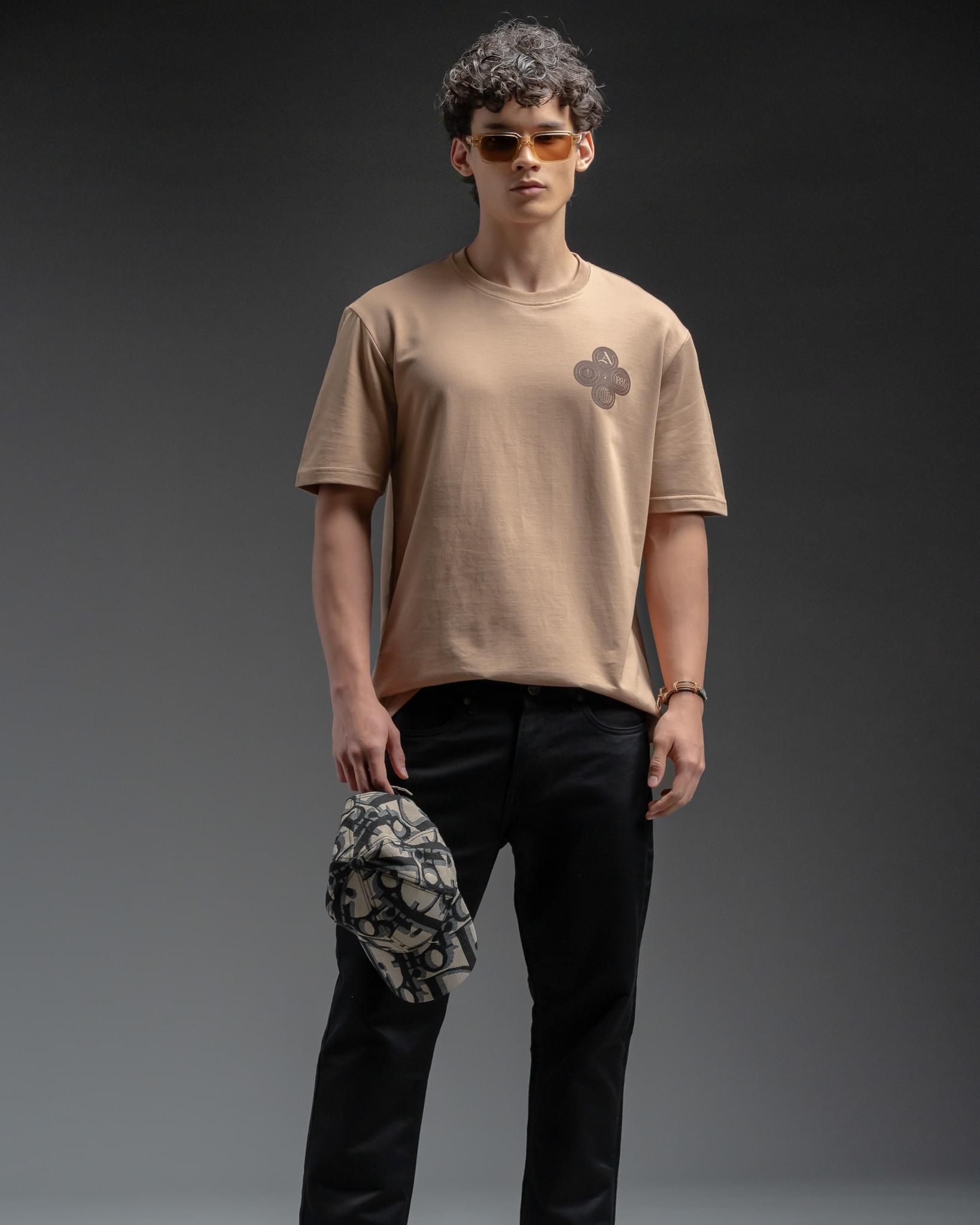 Snowpard Club Crest Relaxed Tee Desert Tan — fabric detail, premium Supima cotton