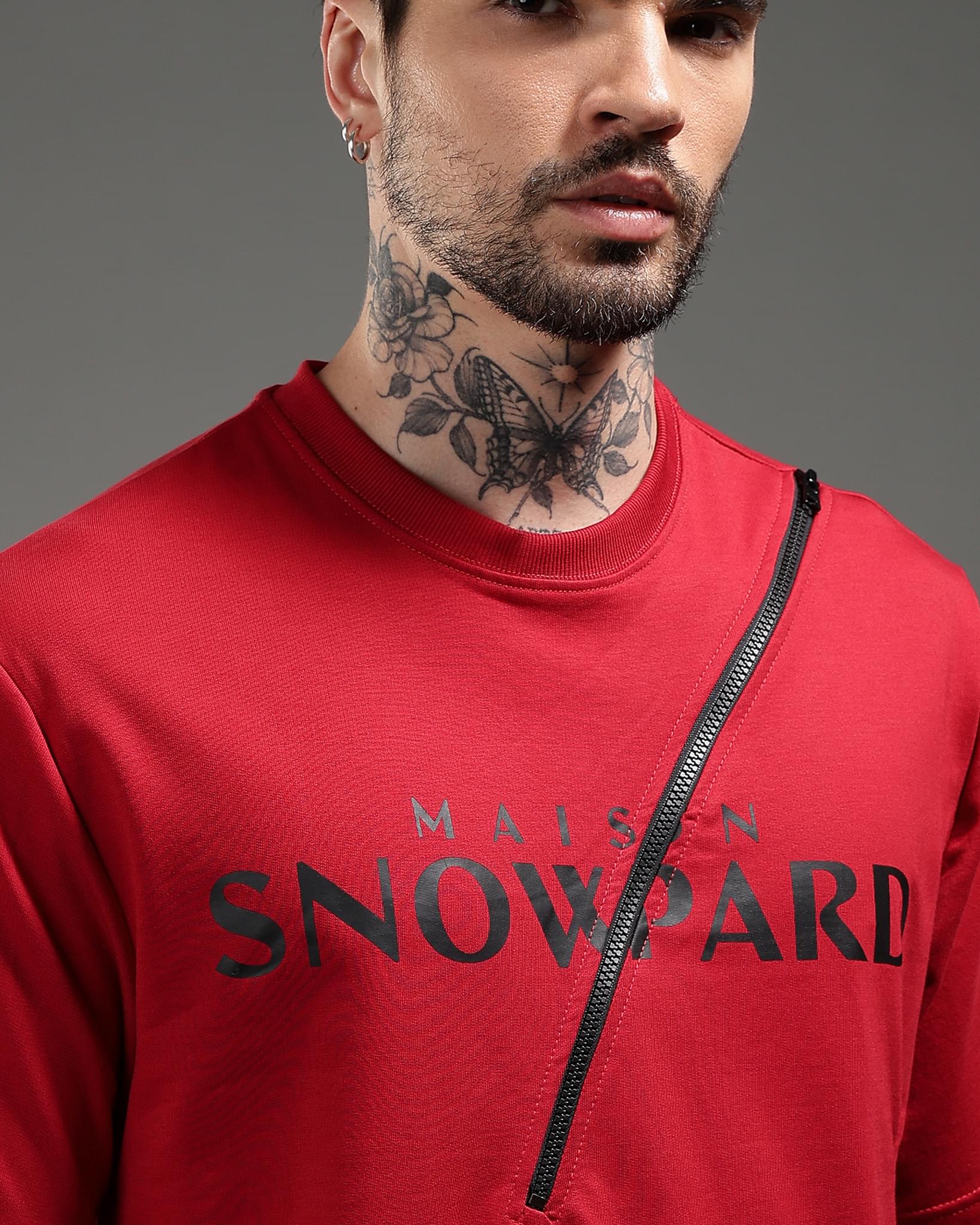 Snowpard Crimson Zip Relaxed Tee Red — zip detail, functional side zipper close-up