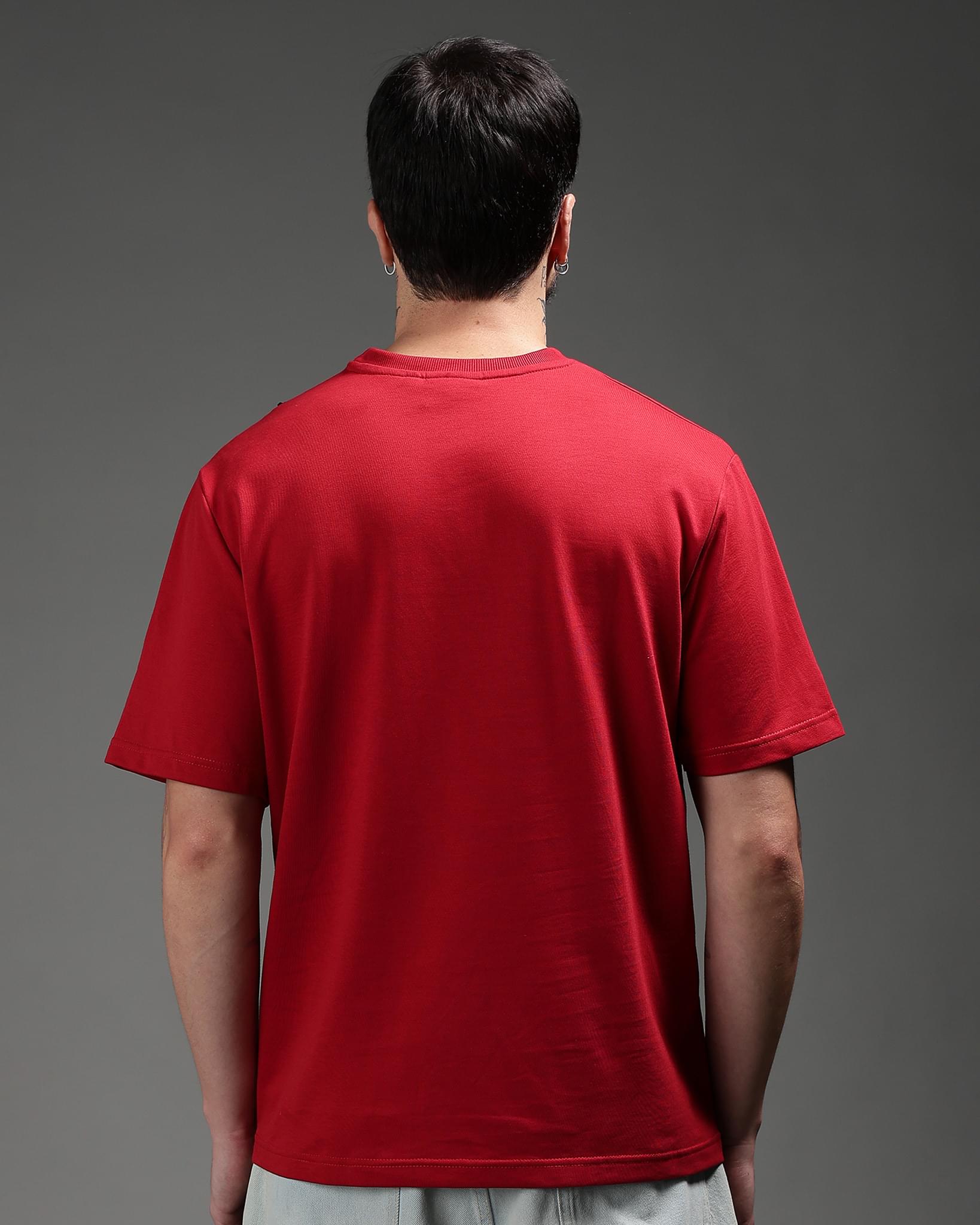 Snowpard Crimson Zip Relaxed Tee Red — chest zip detail, diagonal hardware close-up