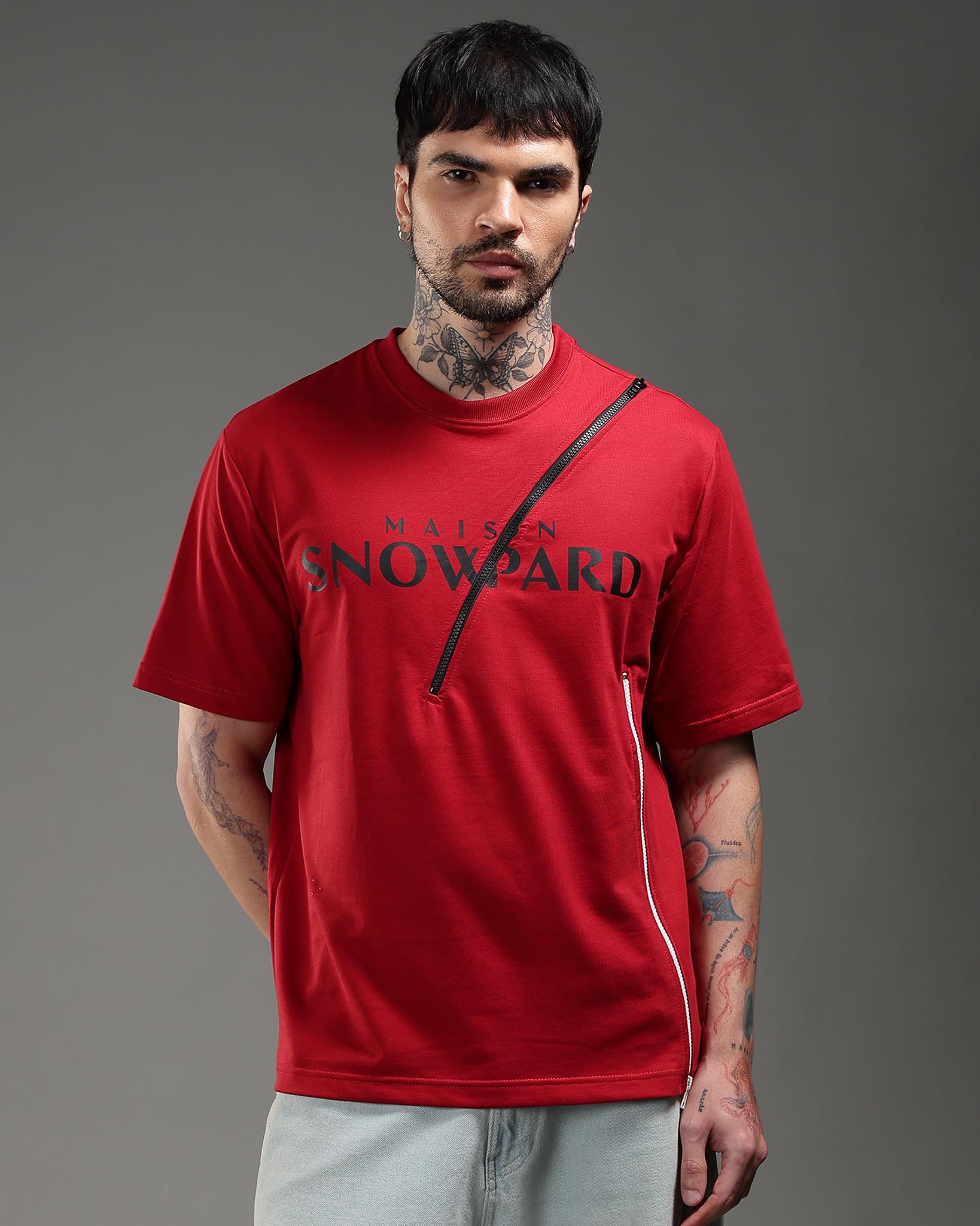 Snowpard Crimson Zip Relaxed Tee Red — full length, luxury graphic tee Bangalore