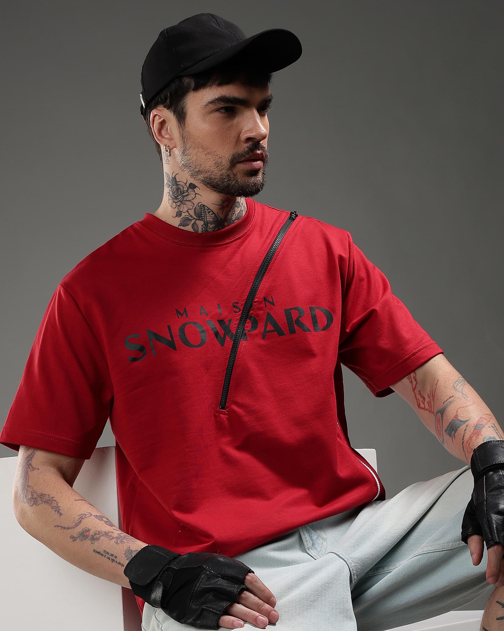 Snowpard Crimson Zip Relaxed Tee Red — model shot, premium men's architectural t-shirt