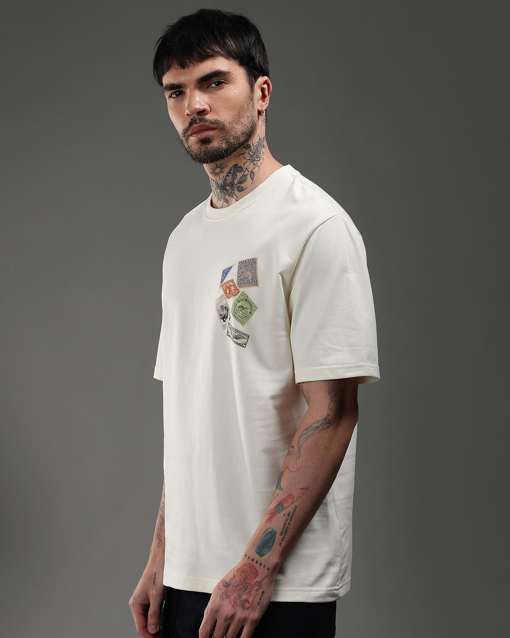 Snowpard Global Stamps Relaxed Tee Off White — front view, men's vintage stamp print t-shirt India