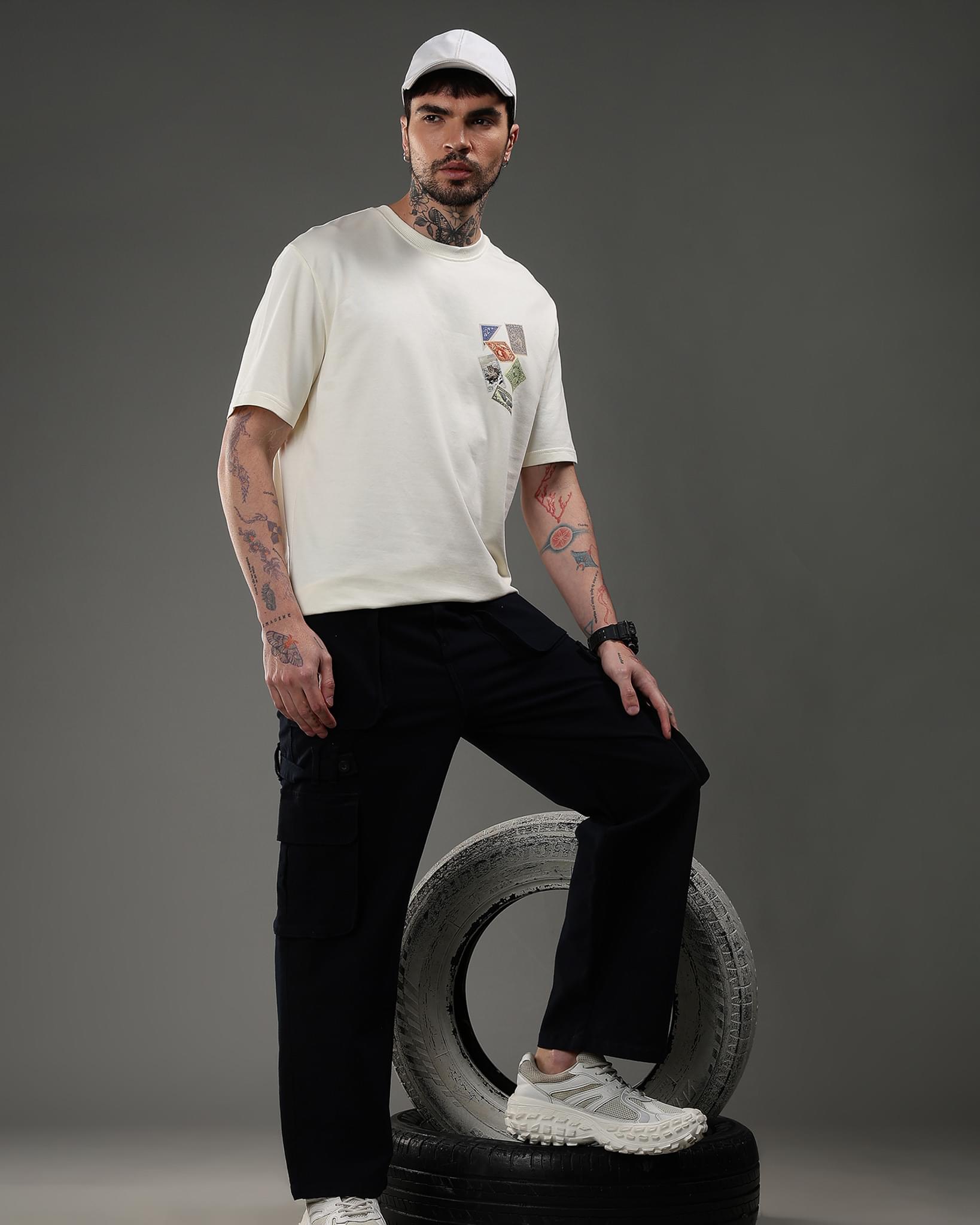 Snowpard Global Stamps Relaxed Tee Off White — full length, luxury graphic tee Bangalore