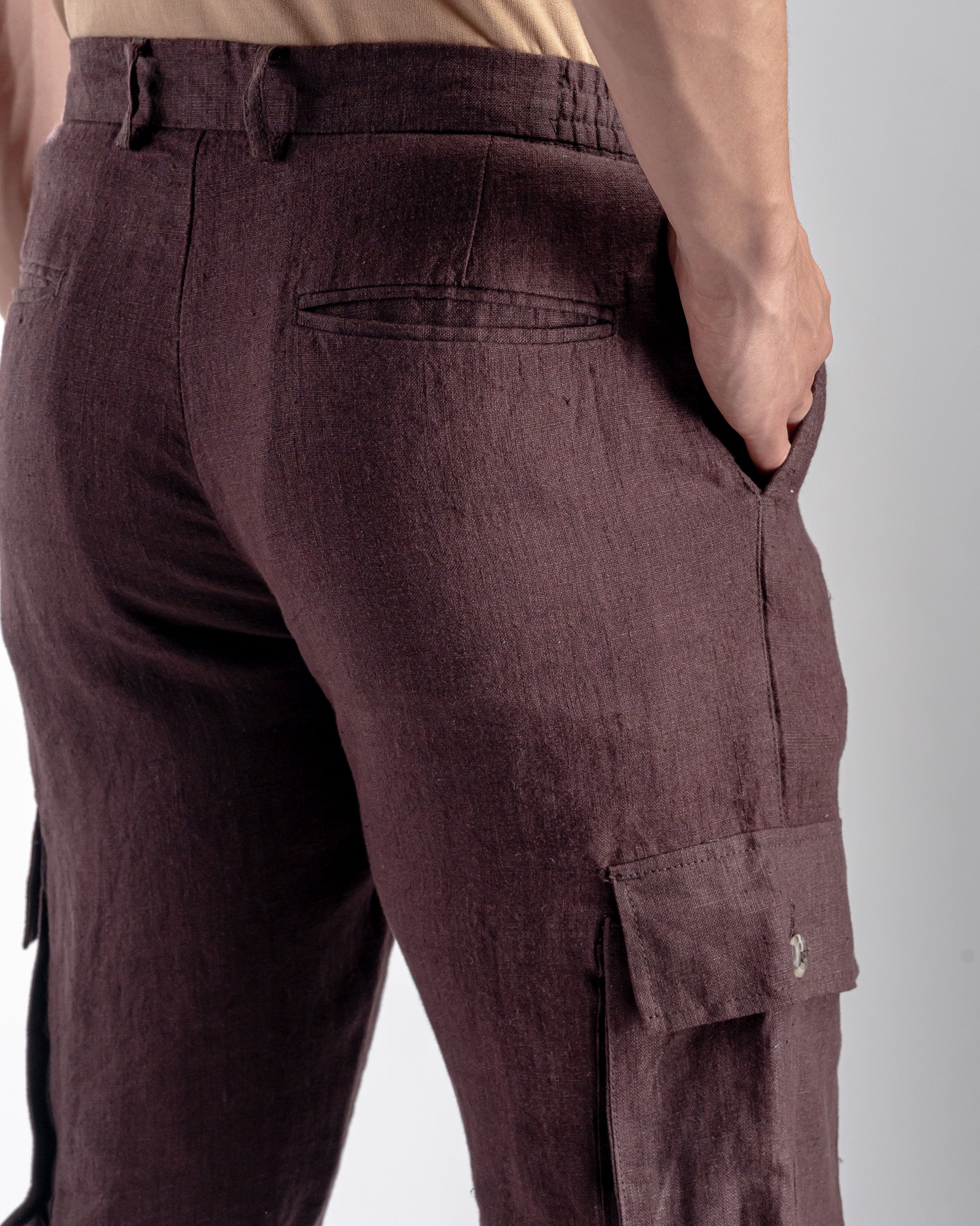 Snowpard Lida Linen Cargo — Maroon, styled full-length