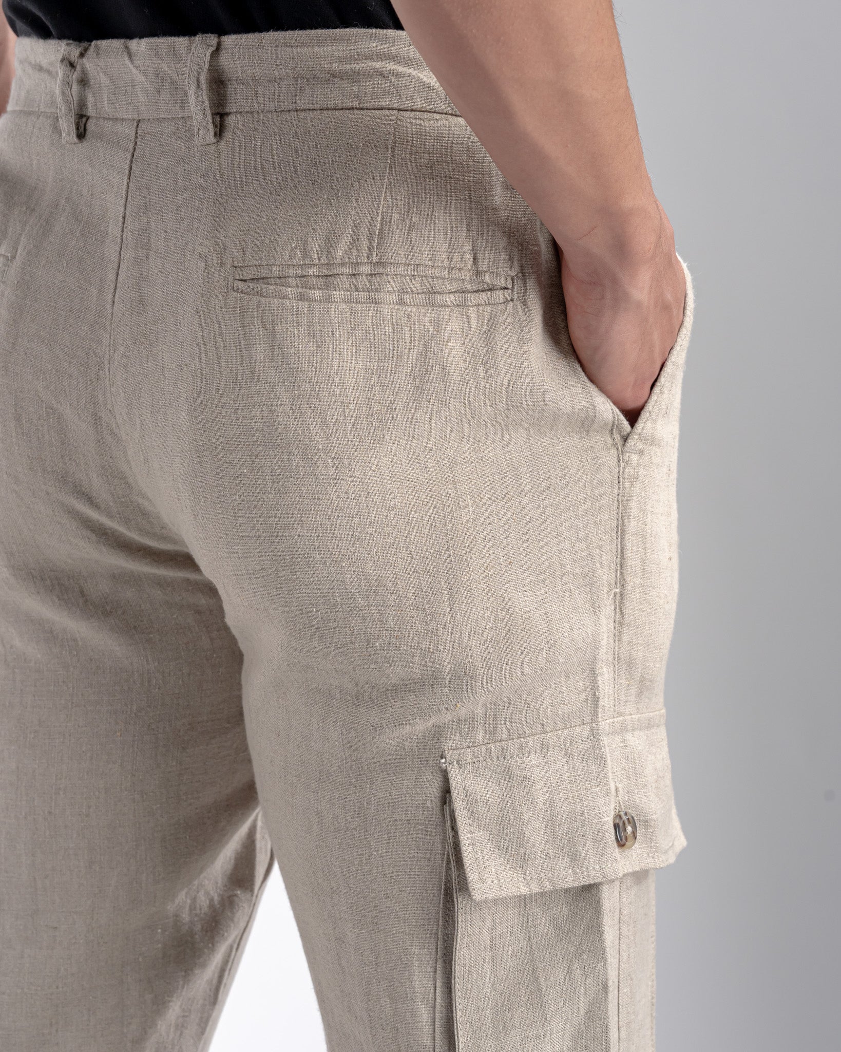 Snowpard Lida Linen Cargo — Sand, styled full-length