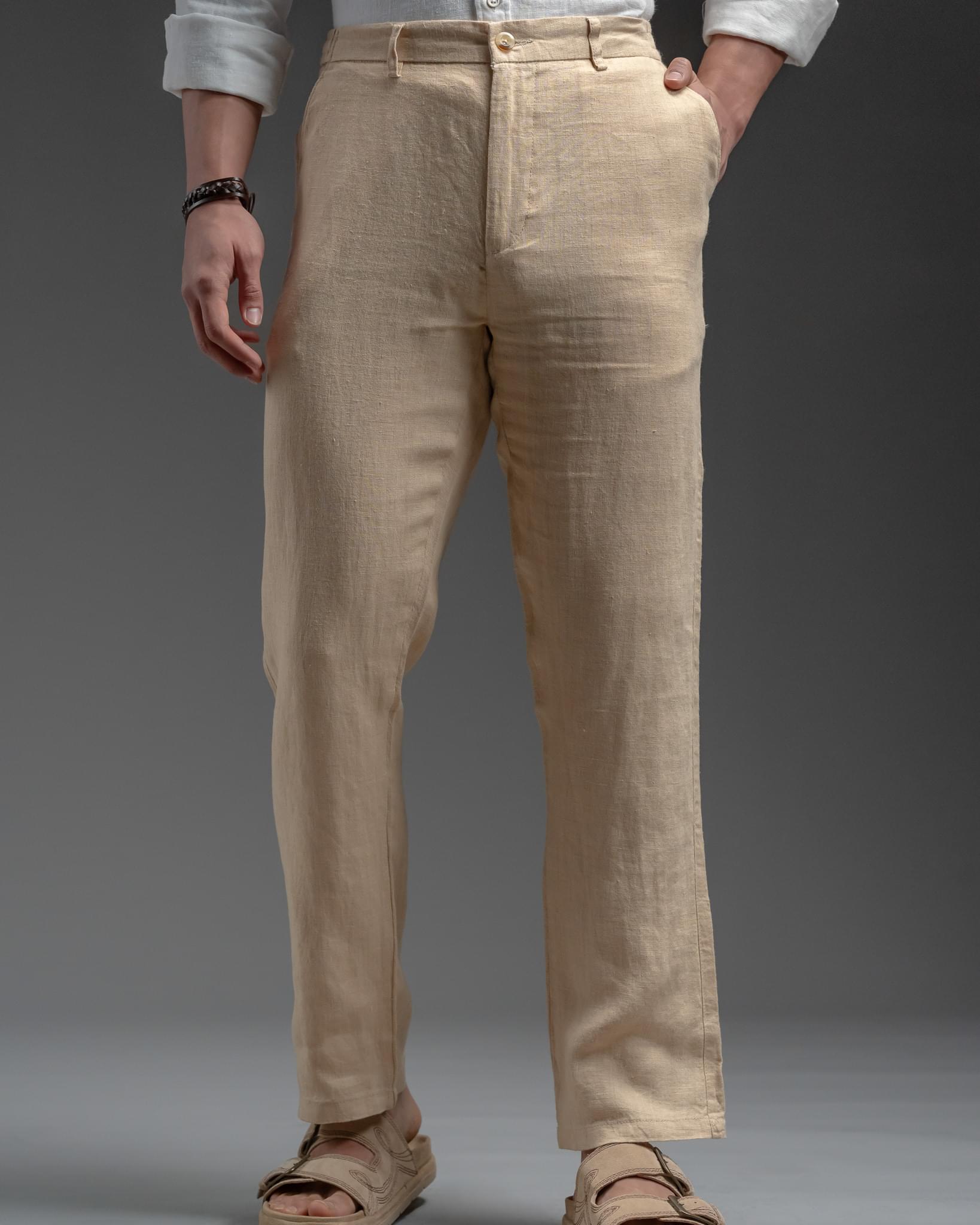 Snowpard Lino Linen Trouser Beige — front view, men's 100% linen trousers India