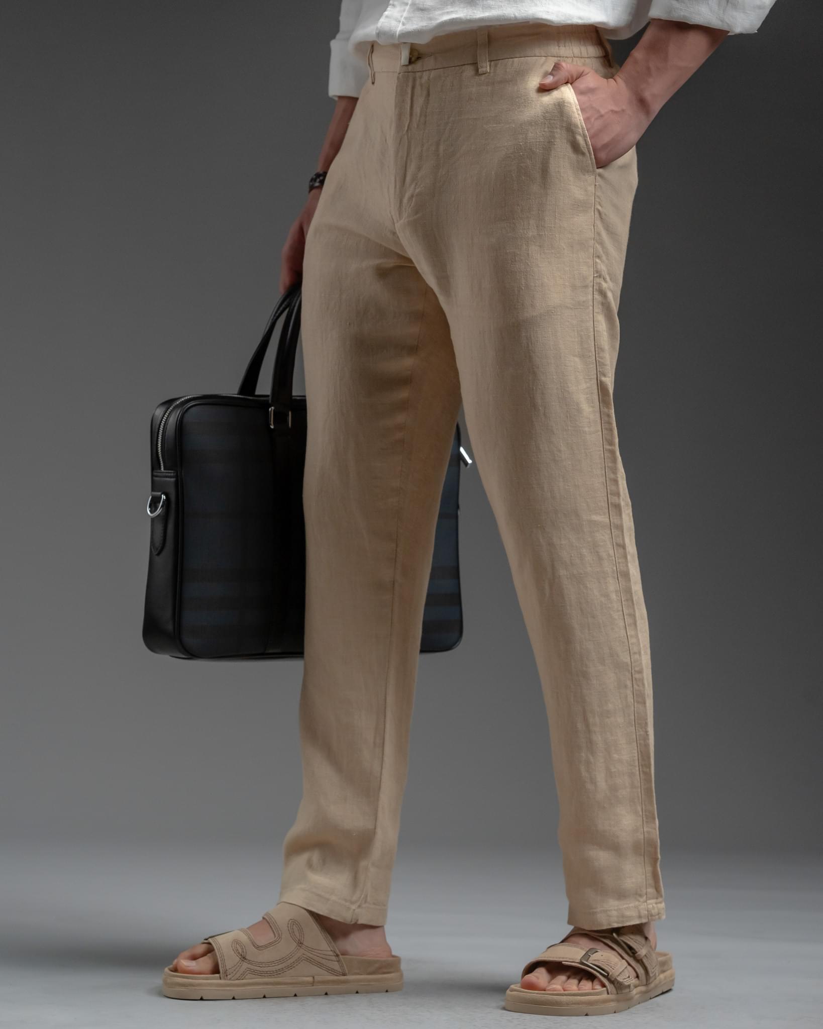 Snowpard Lino Linen Trouser Beige — fabric detail, pure linen texture close-up