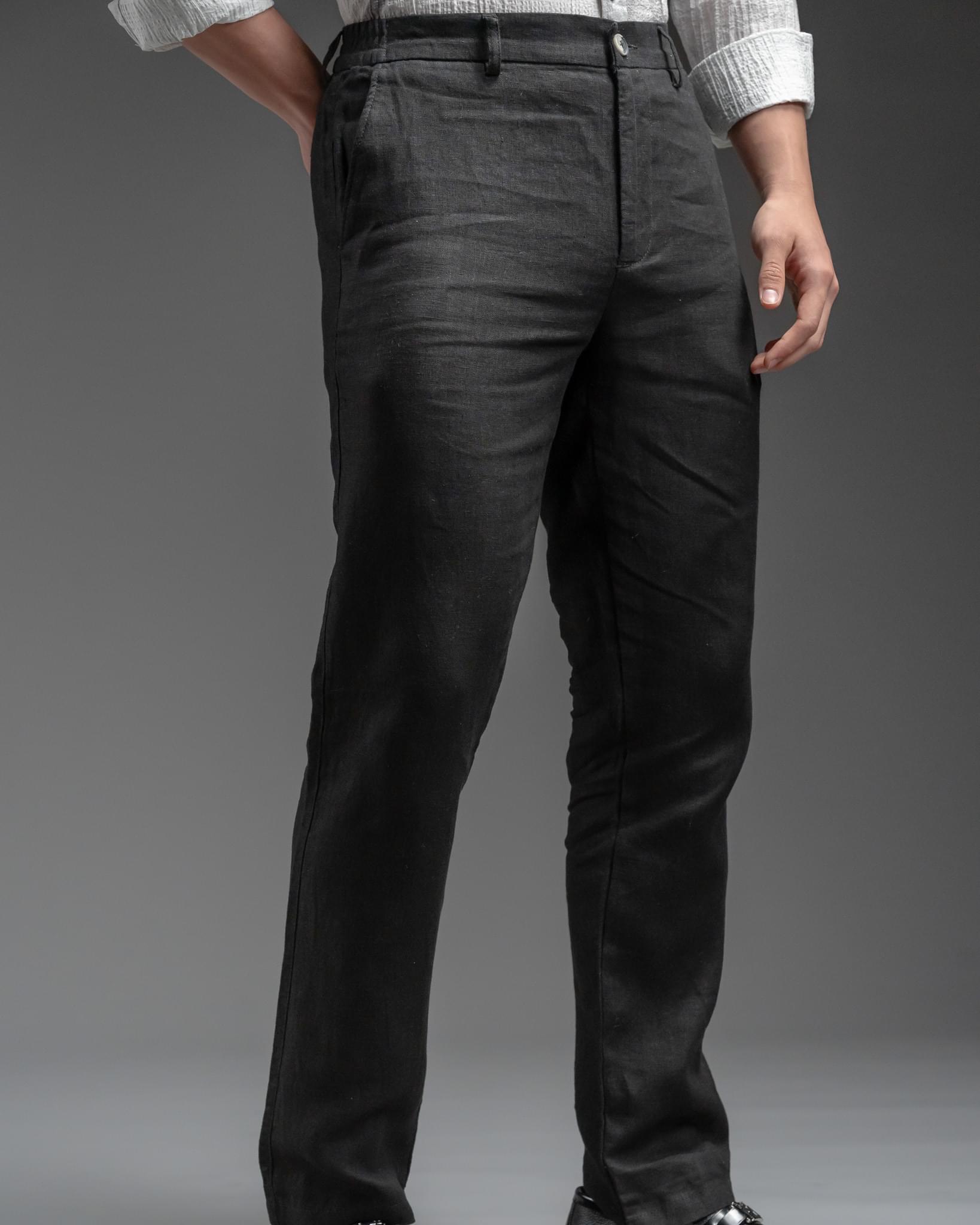Snowpard Lino Linen Trouser Black — three quarter view, premium linen bottoms