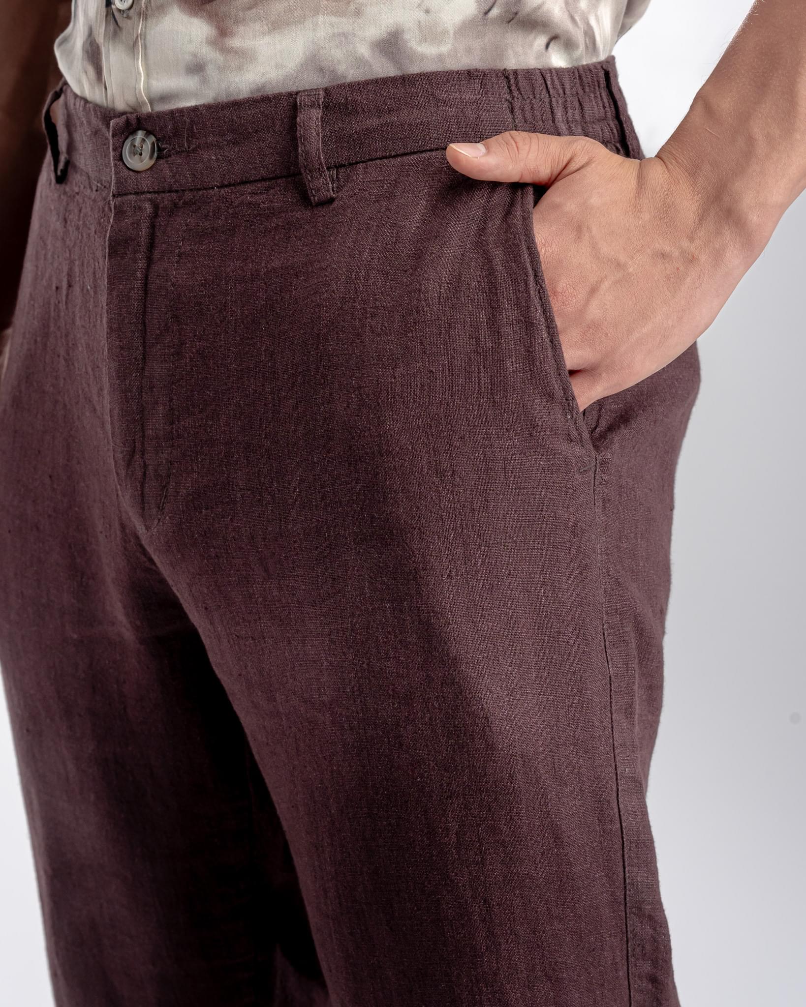 Snowpard Lino Linen Trouser Maroon — three quarter view, premium linen bottoms