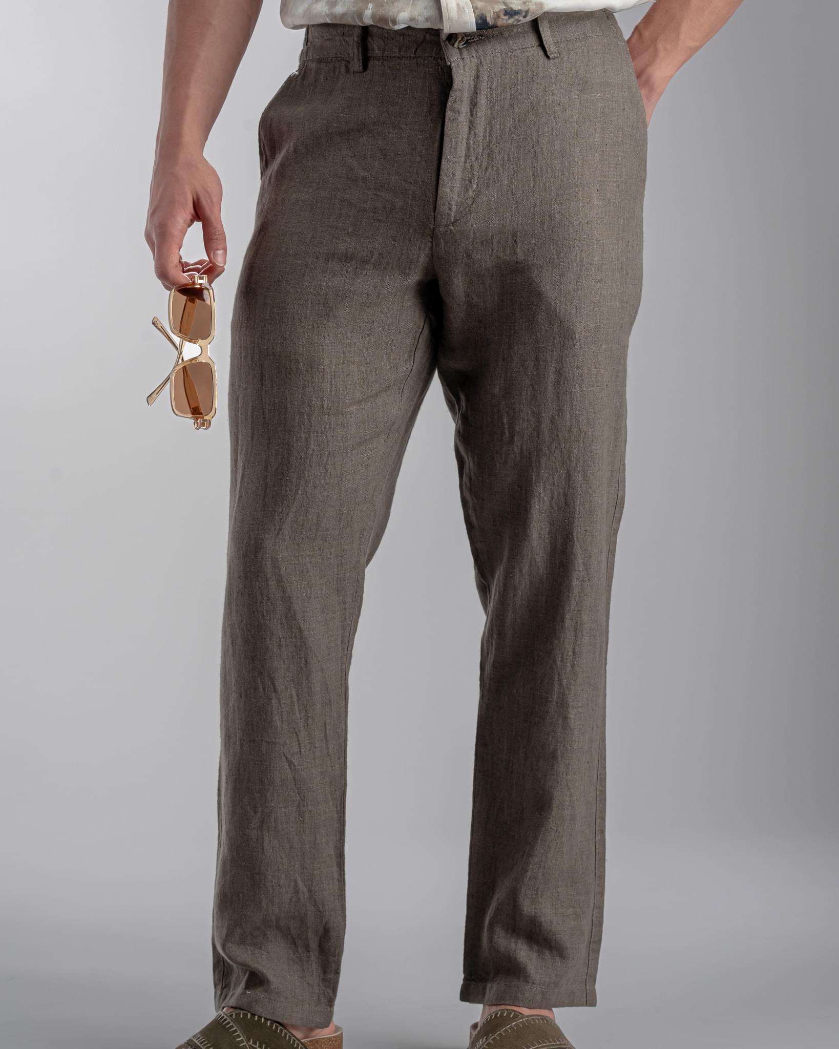Snowpard Lino Linen Trouser Olive — front view, men's 100% linen trousers India