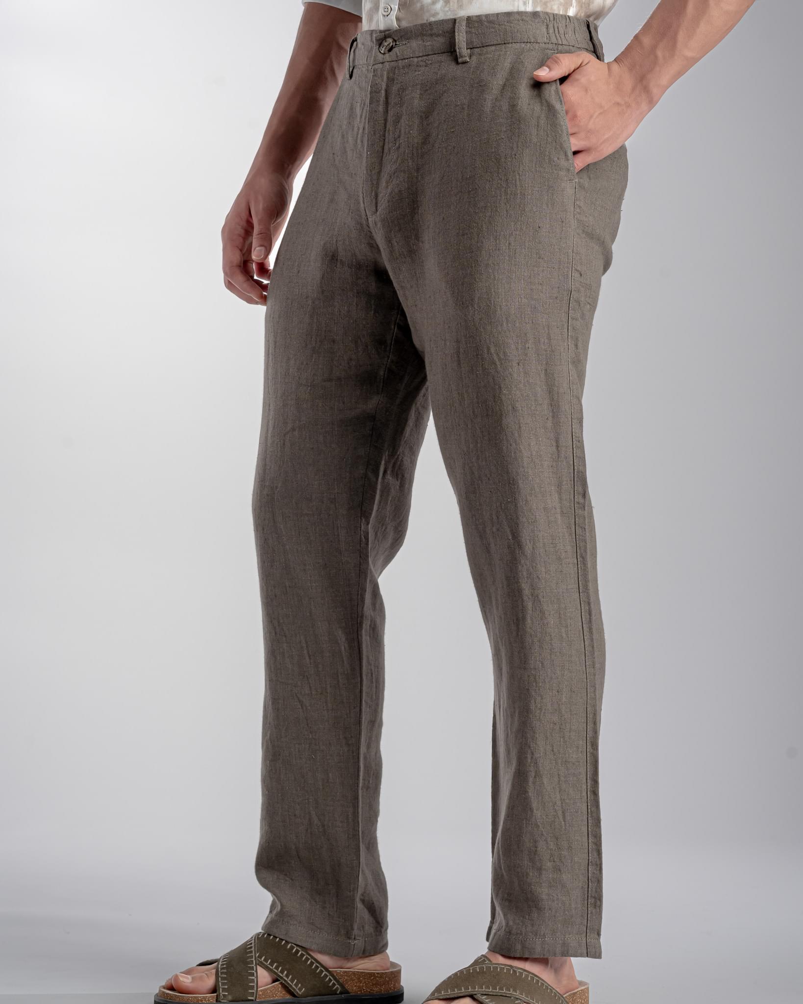 Snowpard Lino Linen Trouser Olive — three quarter view, premium linen bottoms