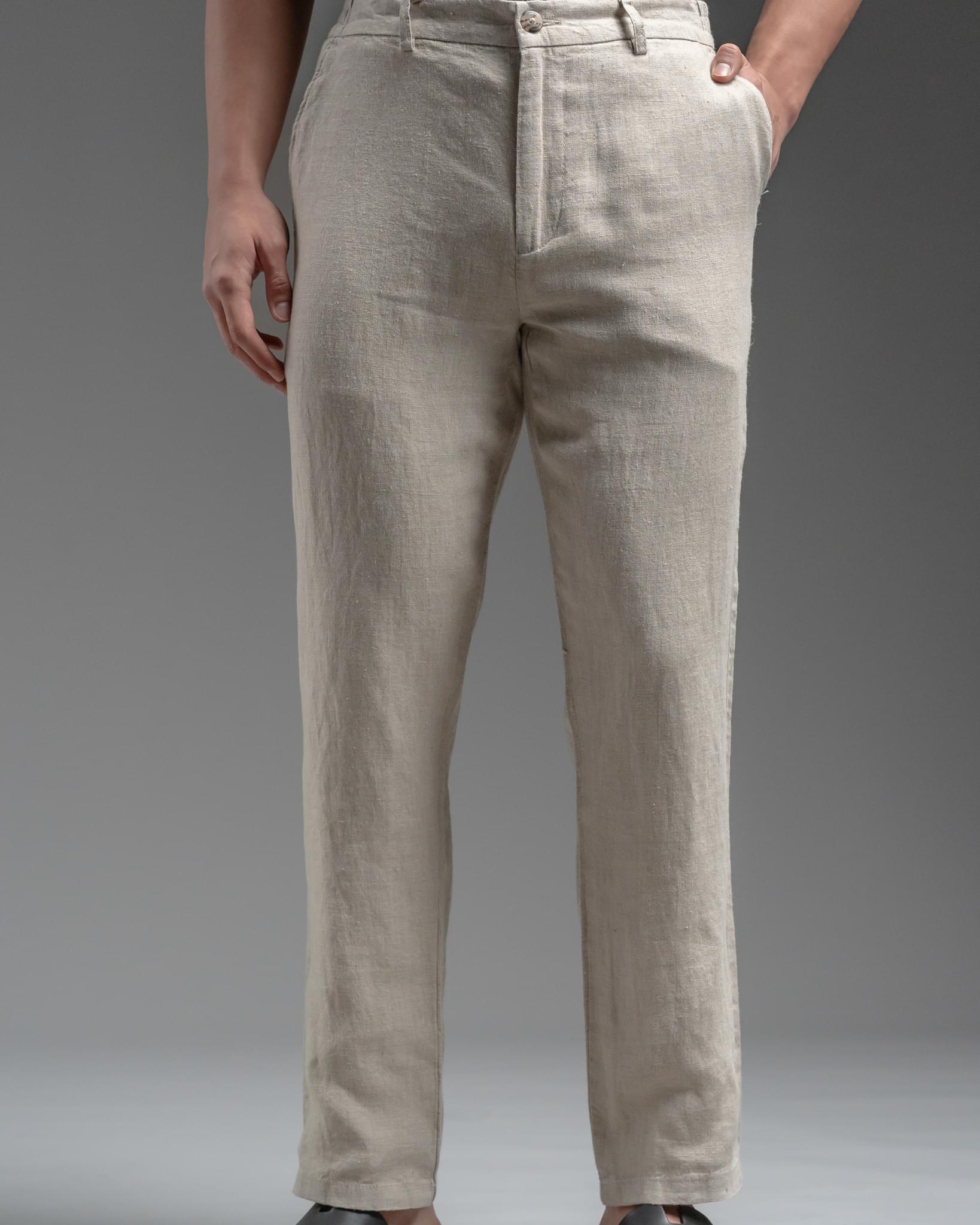 Snowpard Lino Linen Trouser Sand — side view, relaxed fit linen trousers