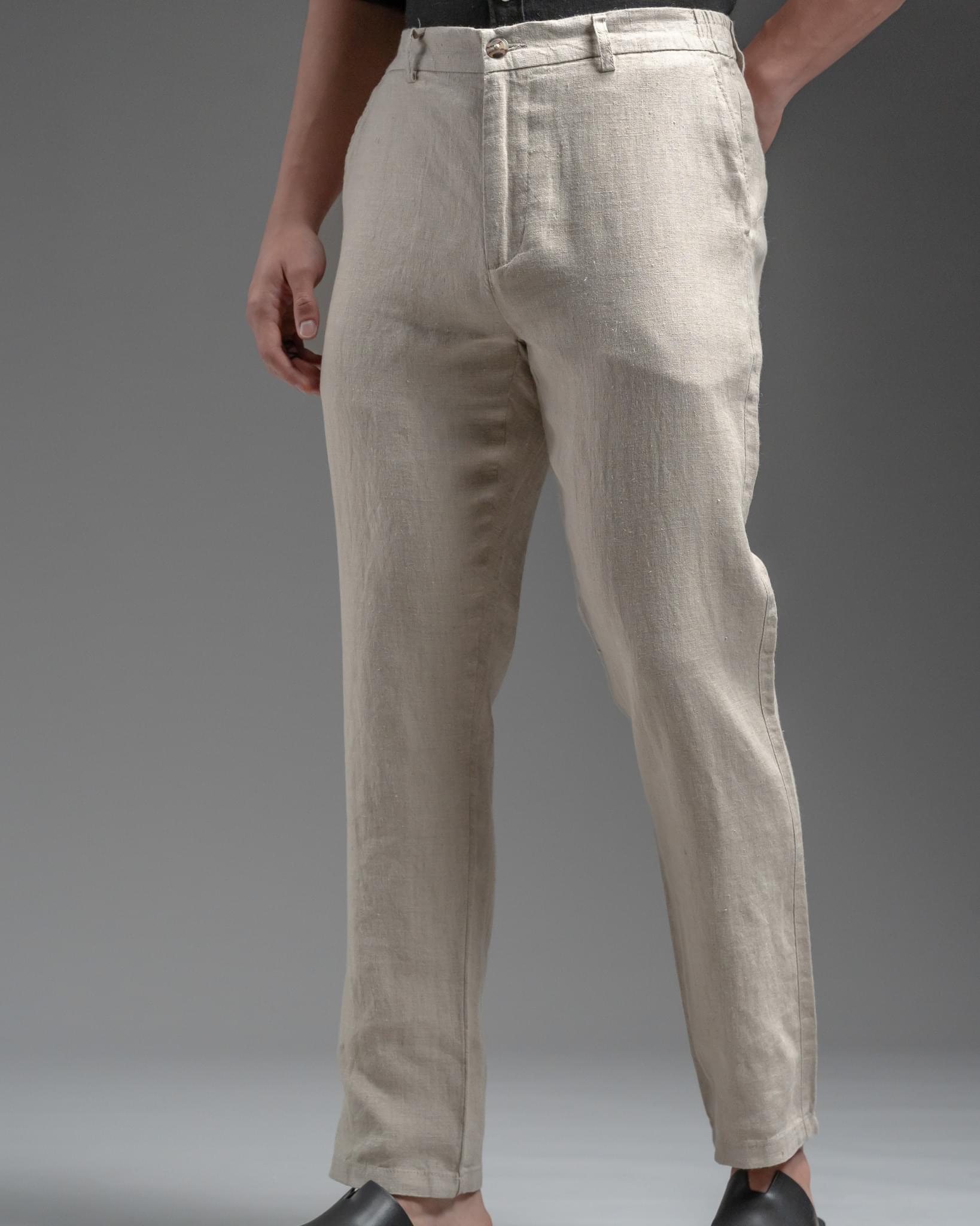 Snowpard Lino Linen Trouser Sand — three quarter view, premium linen bottoms