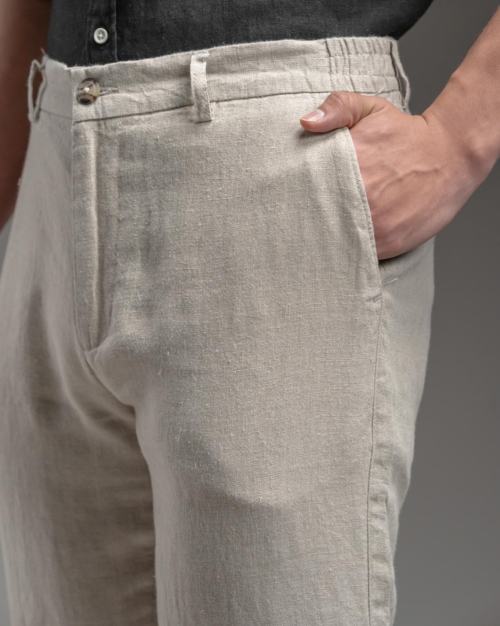 Snowpard Lino Linen Trouser Sand — waistband detail, elasticated linen trouser