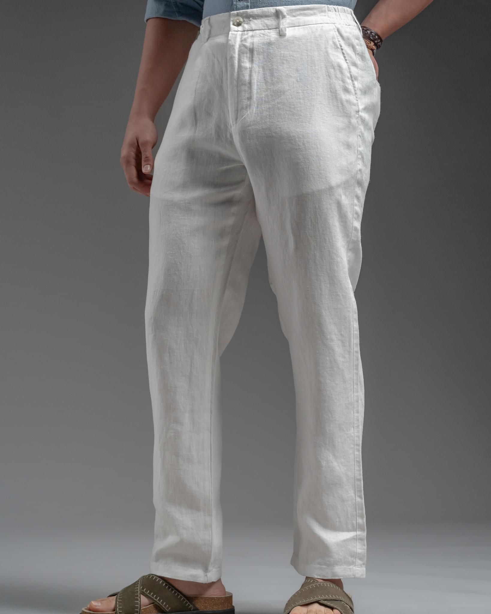 Snowpard Lino Linen Trouser White — three quarter view, premium linen bottoms