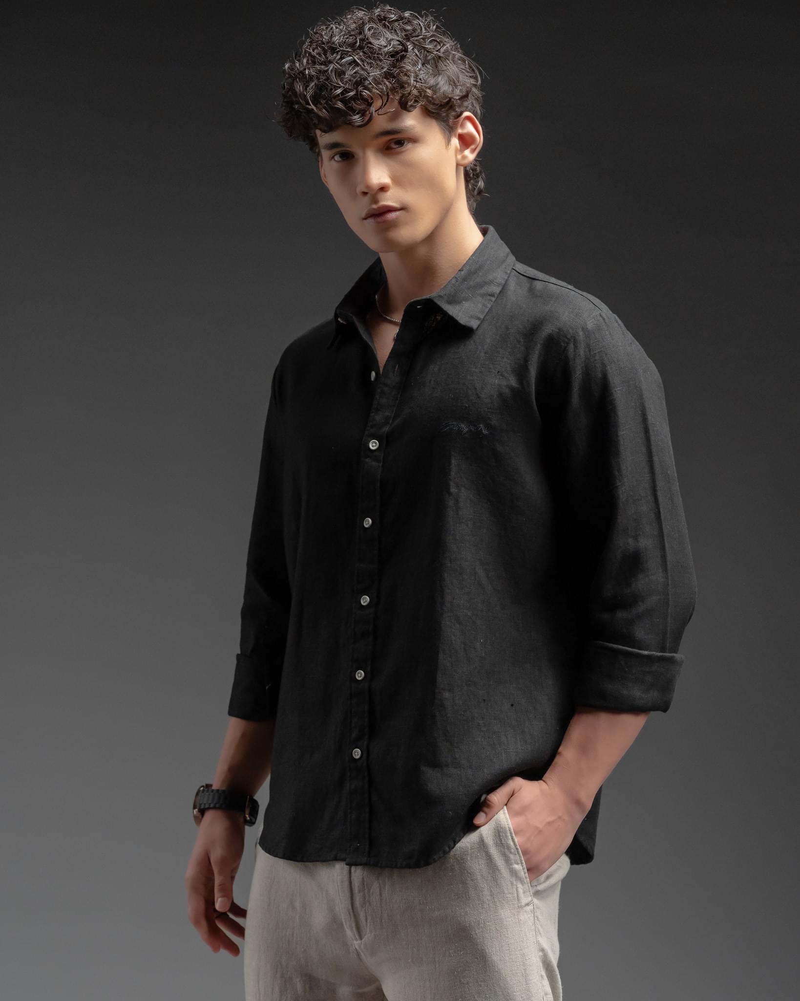 Snowpard Lucca Linen Shirt Black — side view, breathable linen casual shirt