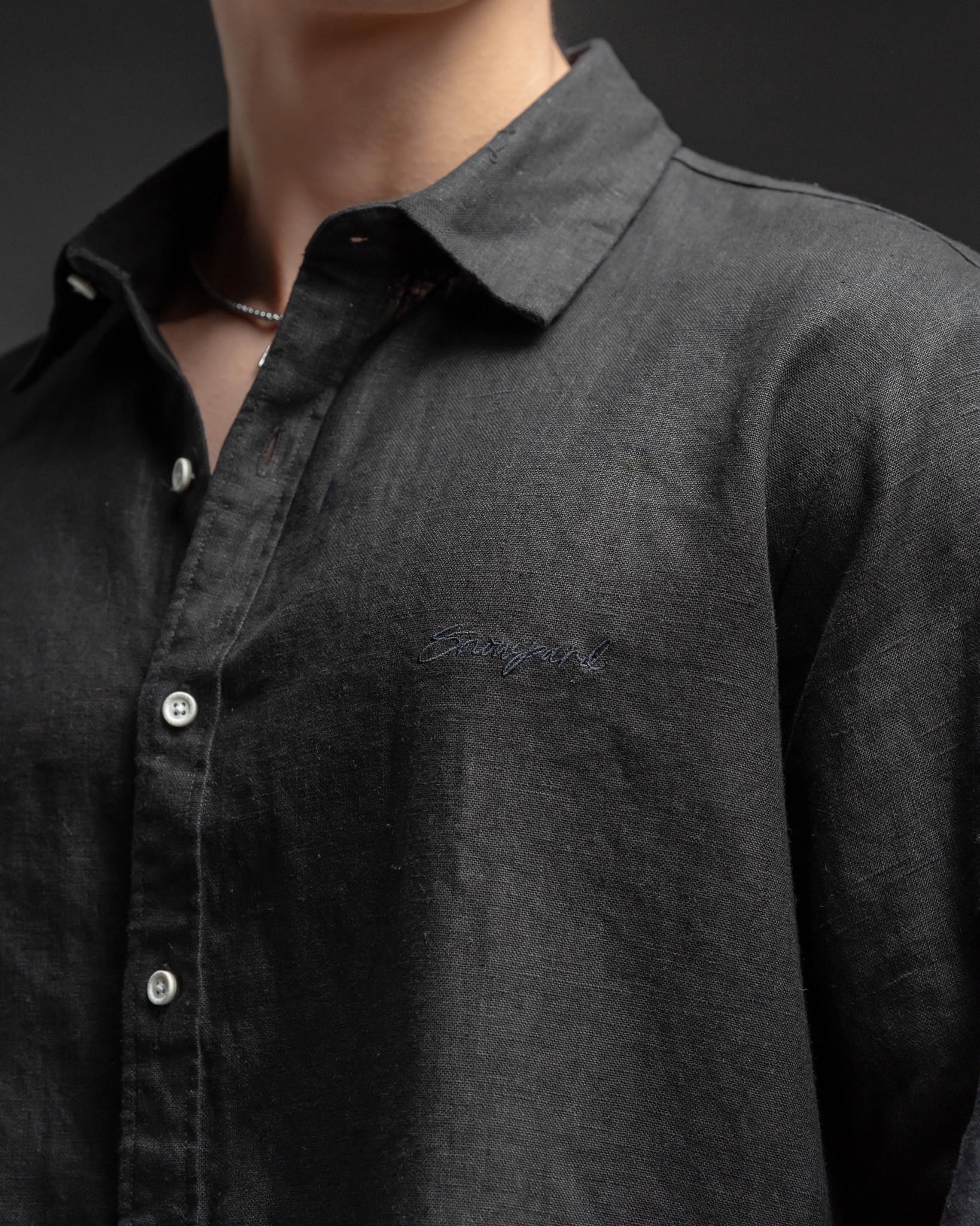 Snowpard Lucca Linen Shirt Black — collar detail, men's linen summer shirt