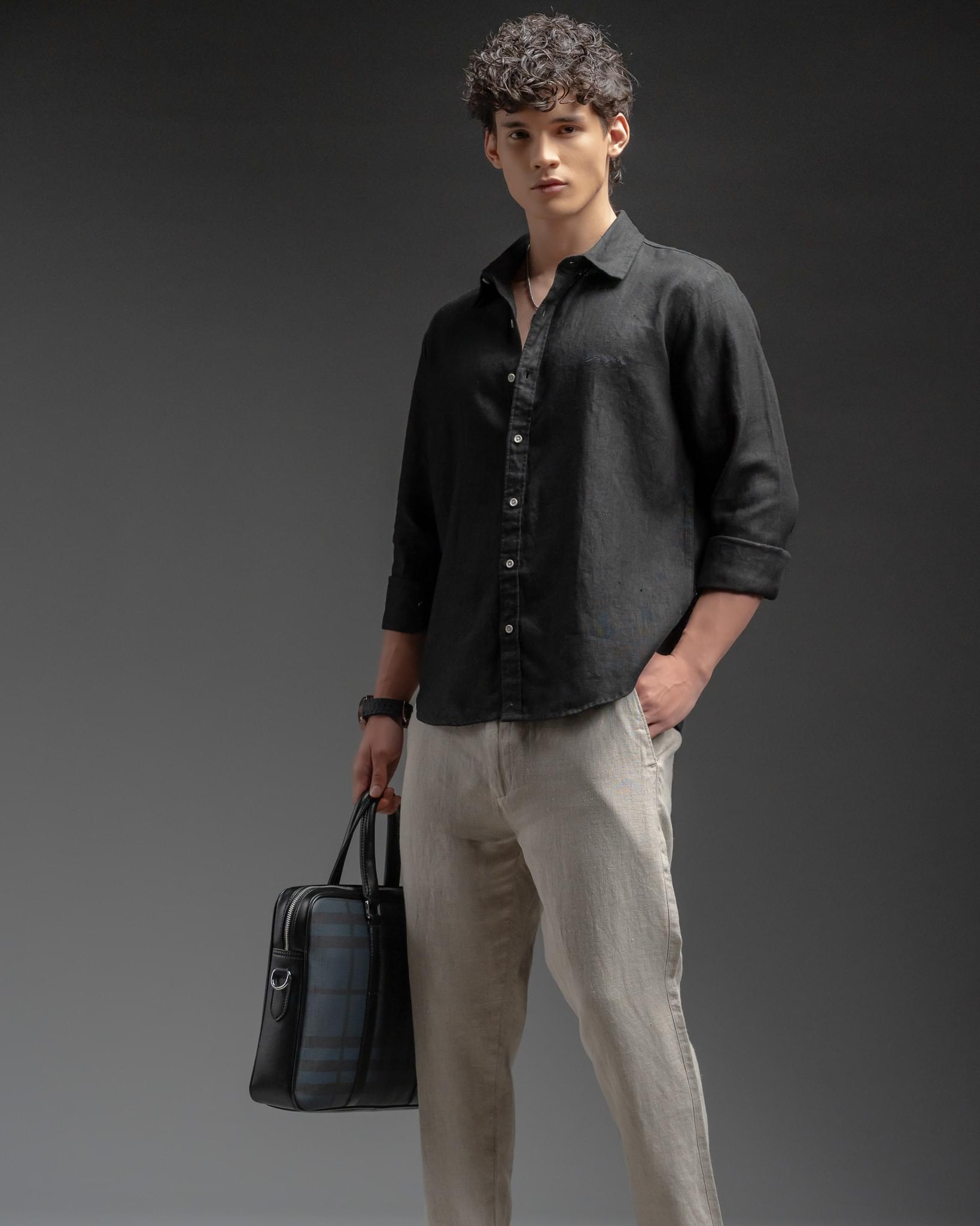 Snowpard Lucca Linen Shirt Black — full length, premium menswear India