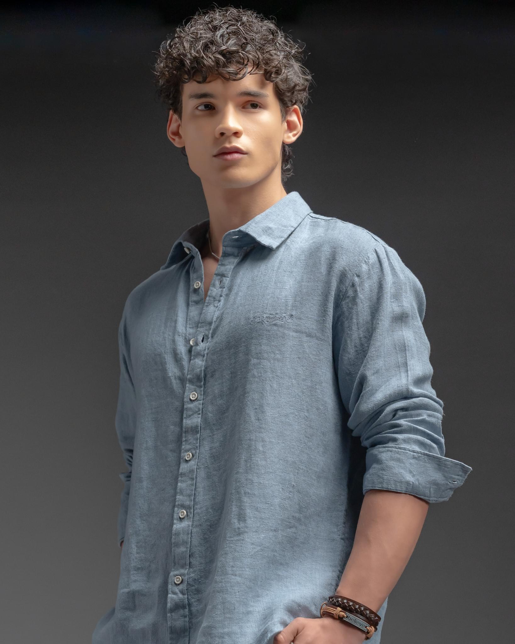 Snowpard Lucca Linen Shirt Blue — three quarter view, premium linen men's shirt