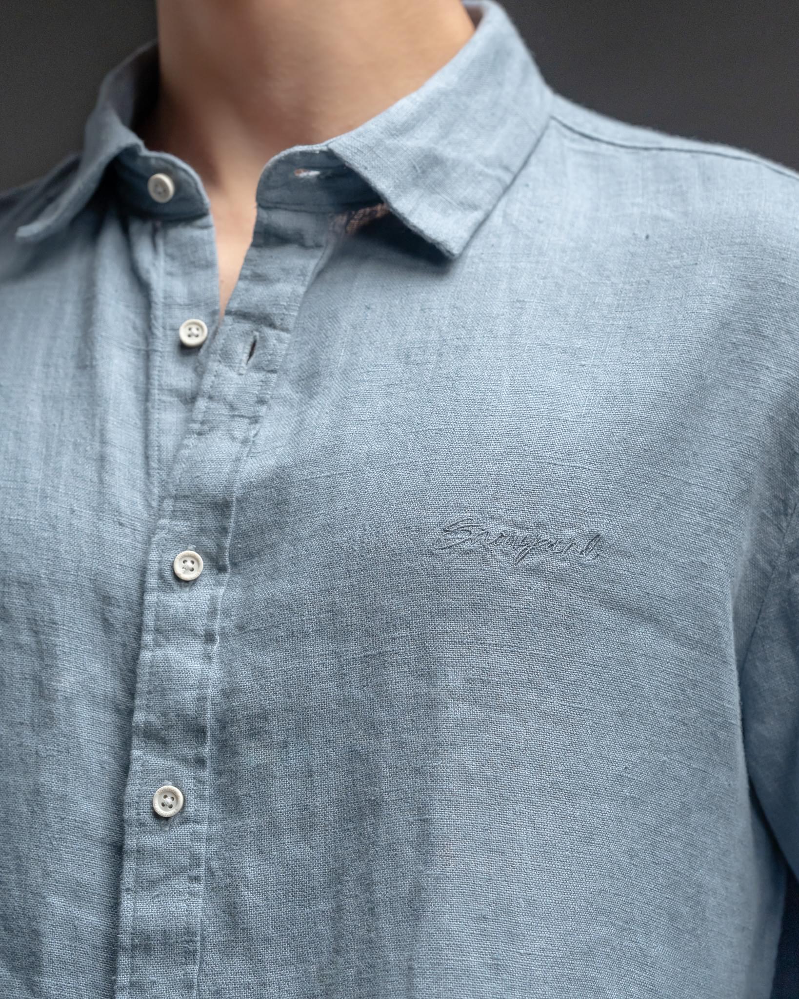 Snowpard Lucca Linen Shirt Blue — collar detail, men's linen summer shirt