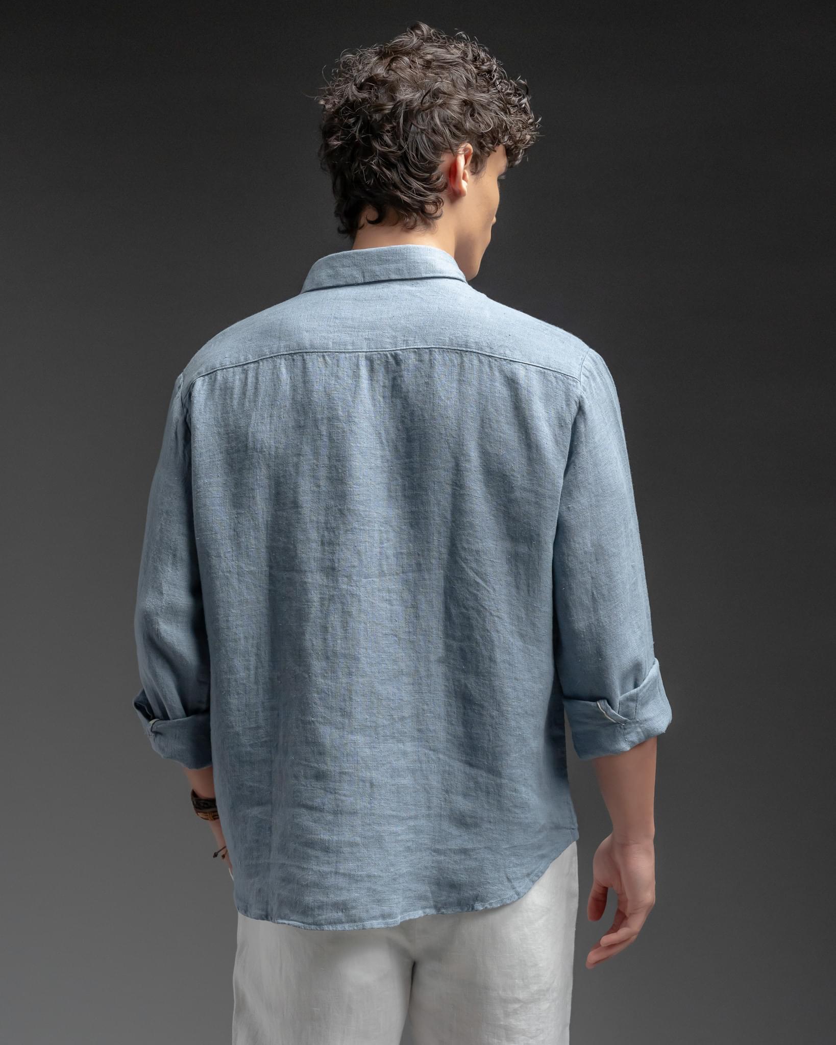 Snowpard Lucca Linen Shirt Blue — back view, luxury linen shirt Bangalore