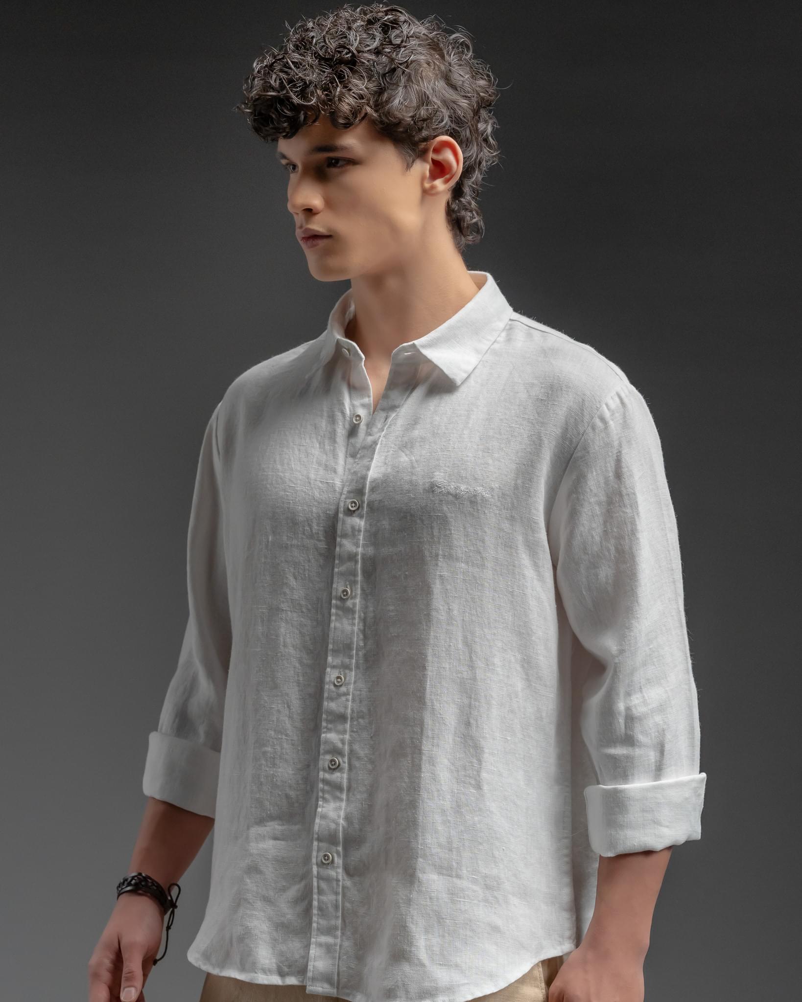 Snowpard Lucca Linen Shirt White — three quarter view, premium linen men's shirt