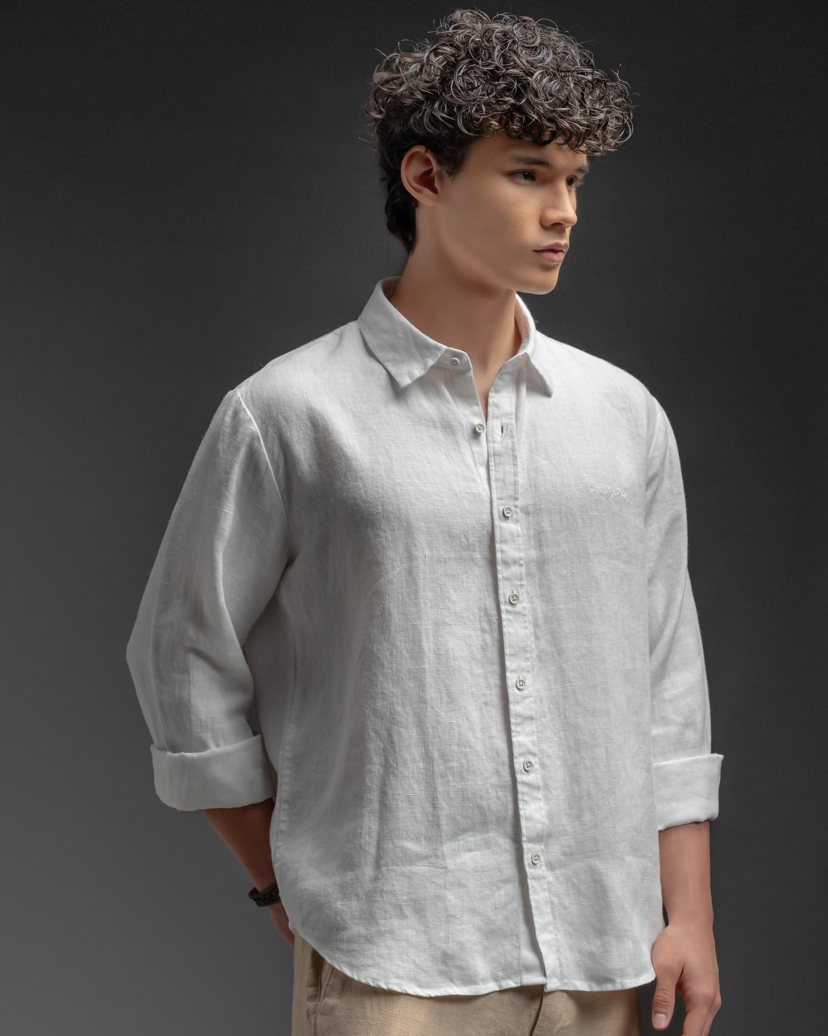 Snowpard Lucca Linen Shirt White — collar detail, men's linen summer shirt